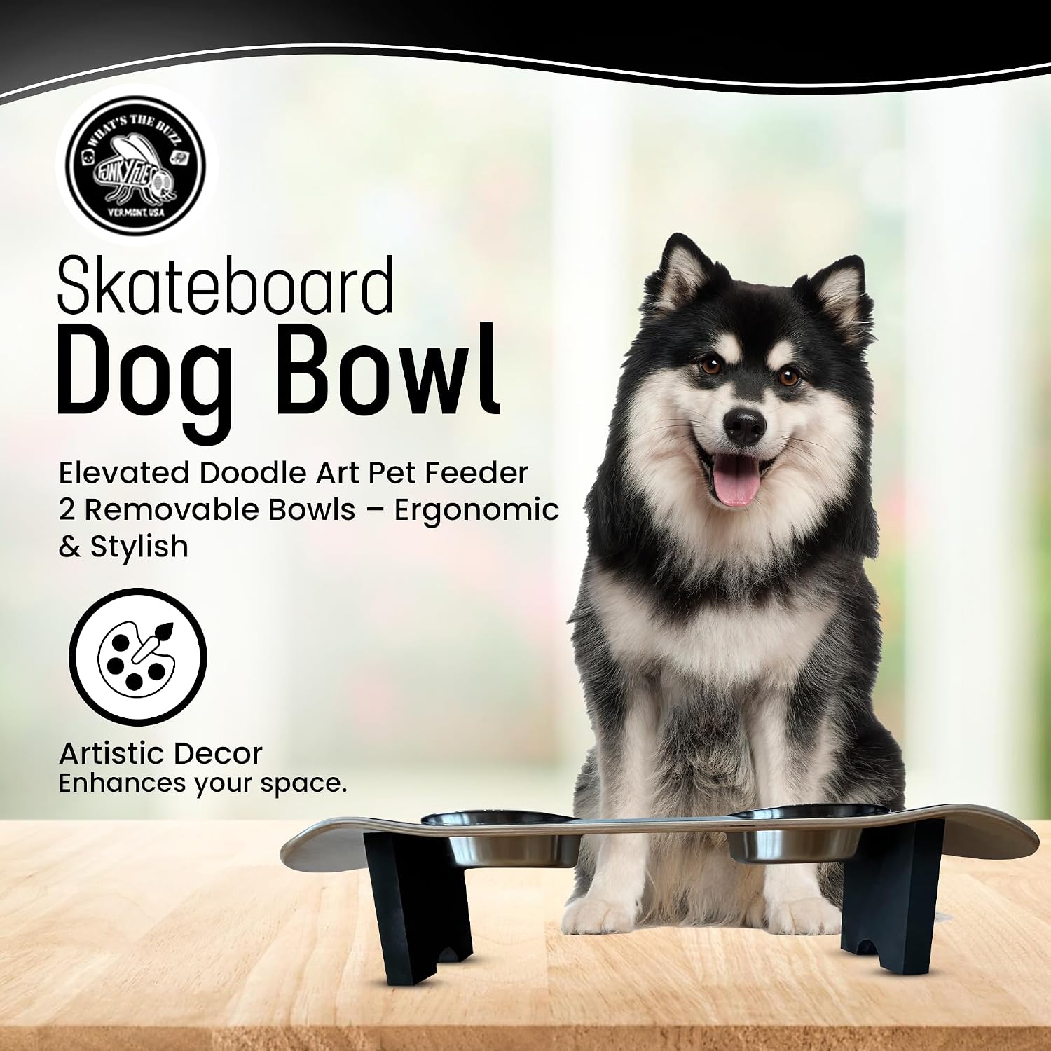Funky Flies Doodles Dog Skatebowl - Elevated Dog Bowl, Elevated Water Bowl, Skateboard Food & Water Stand