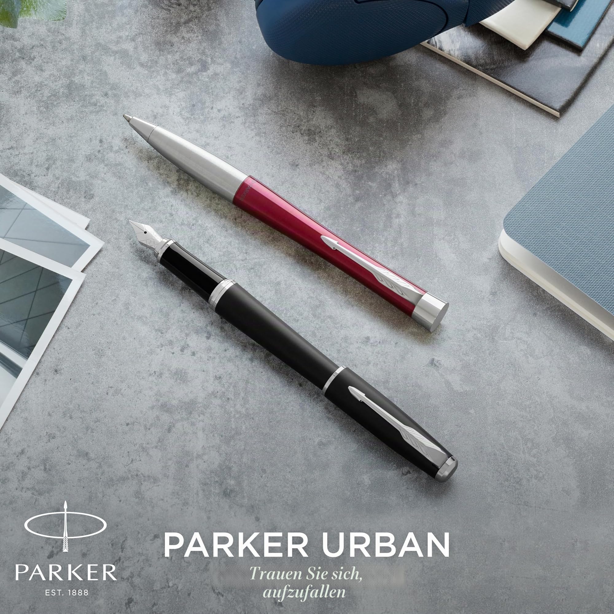 Parker Urban Duo-Geschenkset mit Kugelschreiber und Füller | schwarz-goldene Zierteile | Nachfüllmine und -patronen mit blauer Tinte | Geschenkbox
