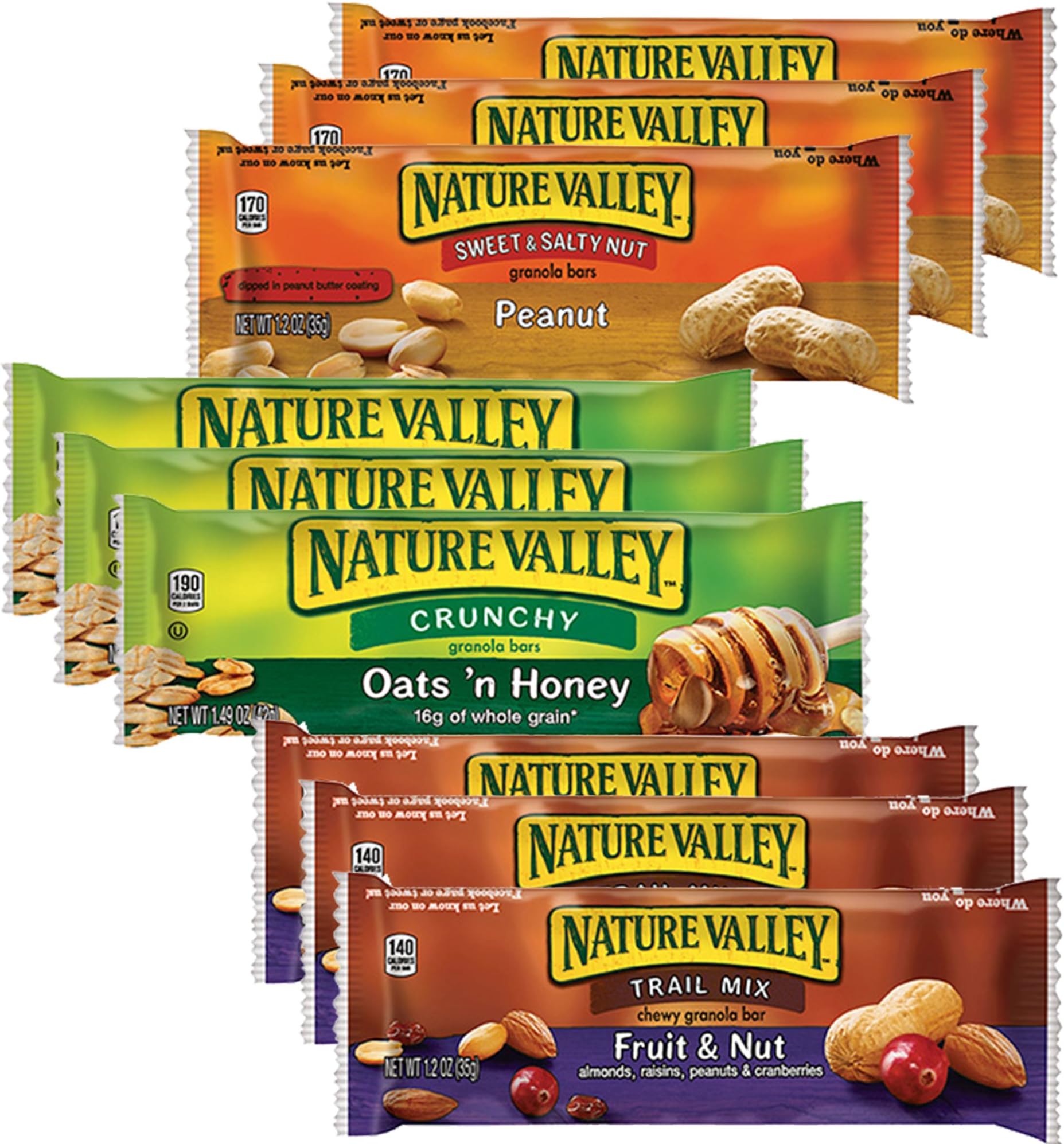 Nature Valley Granola Bars Sampler Pack | Crunchy Oats N Honey, Trail Mix Fruit & Nuts, & Sweet & Salty Nut Dipped in Peanut | 3 Bars of Each Total 9 Bars | Healthy Whole Grain Bars (Sweet)