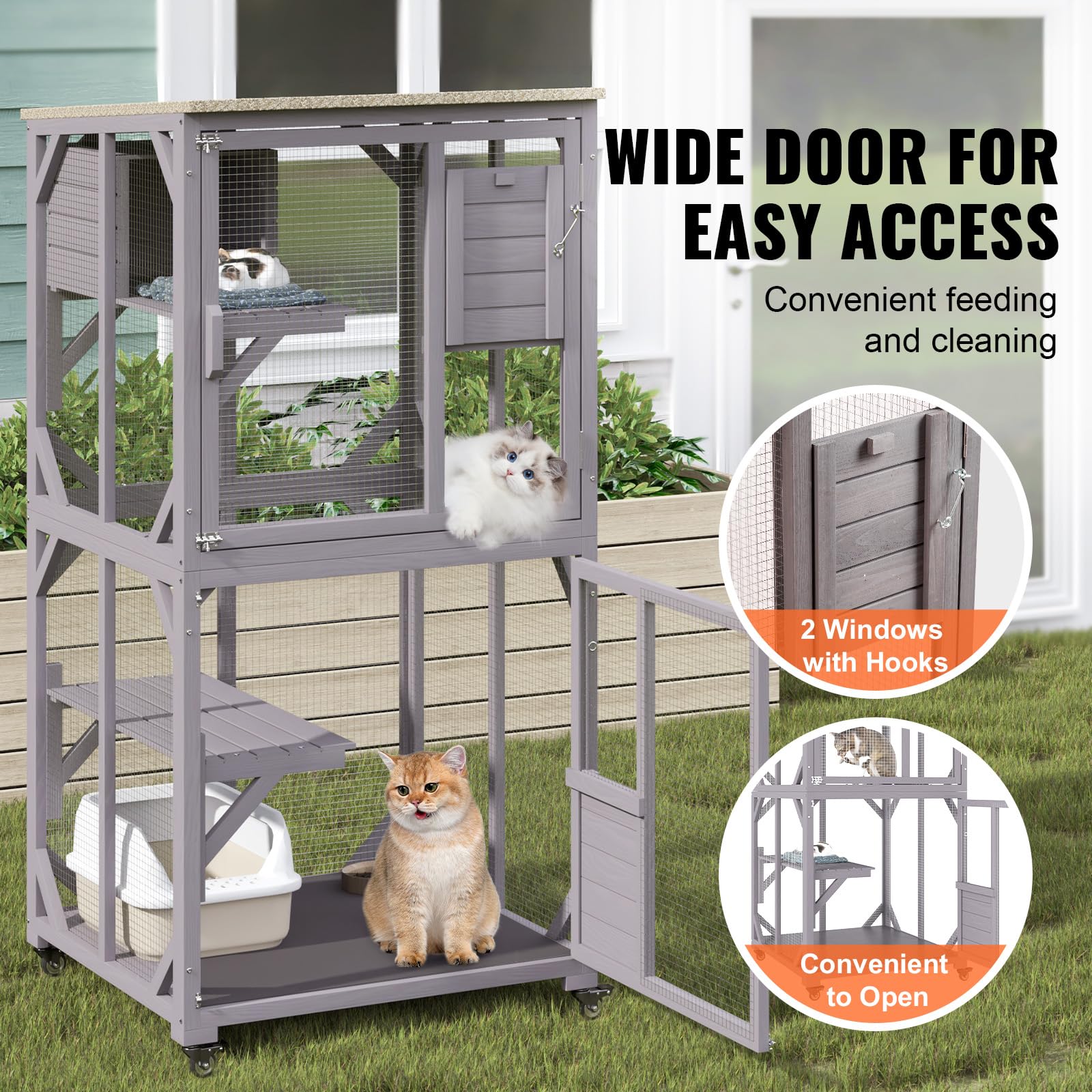 VEVOR Cage pour Chat 3 Niveaux Grande Cage sur roulettes Verrouillables Pivotant 360° Enclos Chat 760x865x1630 mm avec Boîte de Repos pour 1-2 Chats Petits Animaux Lapins Hamsters Intérieur Extérieur