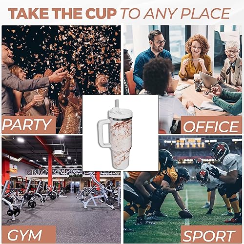 Miniatura 5 de Vaso de acero inoxidable con aislamiento de doble pared de 40 onzas con asa, tapa y popote, mantiene las bebidas calientes o frías durante horas,