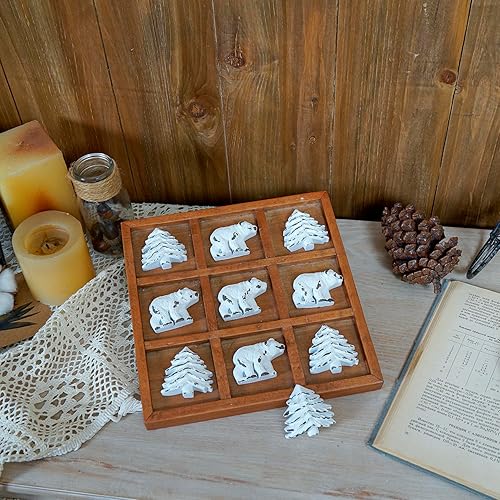 Miniatura 3 de NIKKY HOME Cabin Tic Tac Toe Tablero de juego de madera rústico decoración de mesa auxiliar lindo oso árbol decorativo de madera juego de viaje para