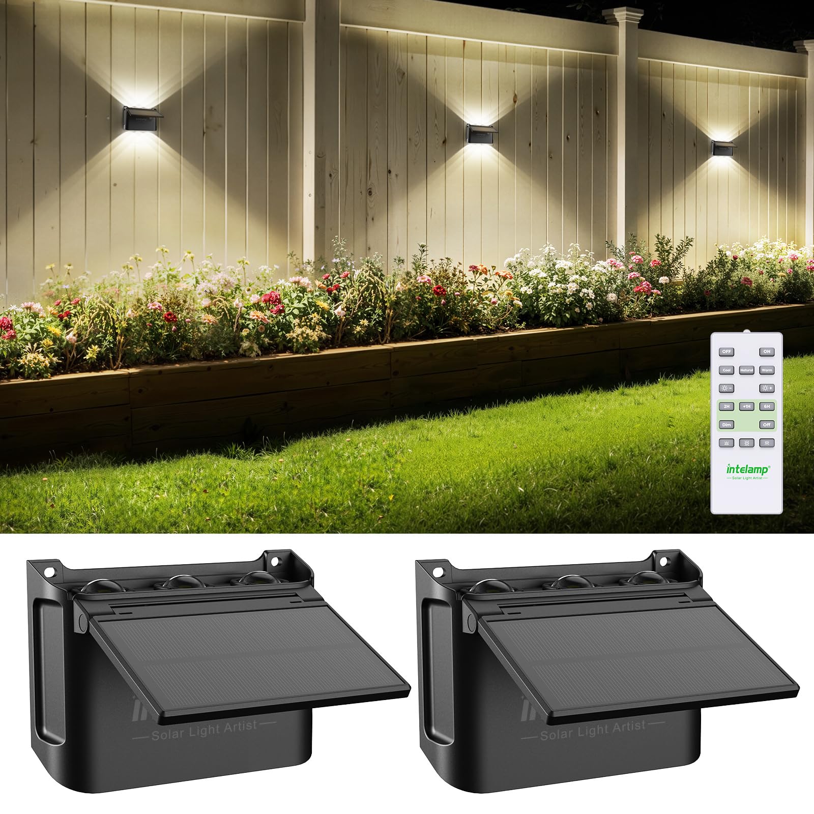 intelamp Solar Up and Down Wall Lights Outdoor, 3-Color (3000K/ 4500K/ 6000K) with Remote, IP65 Waterproof Solar Lights for Garden Fence Patio Porch, Independent Upper/Lower Light & Dimmable, 2 Pack