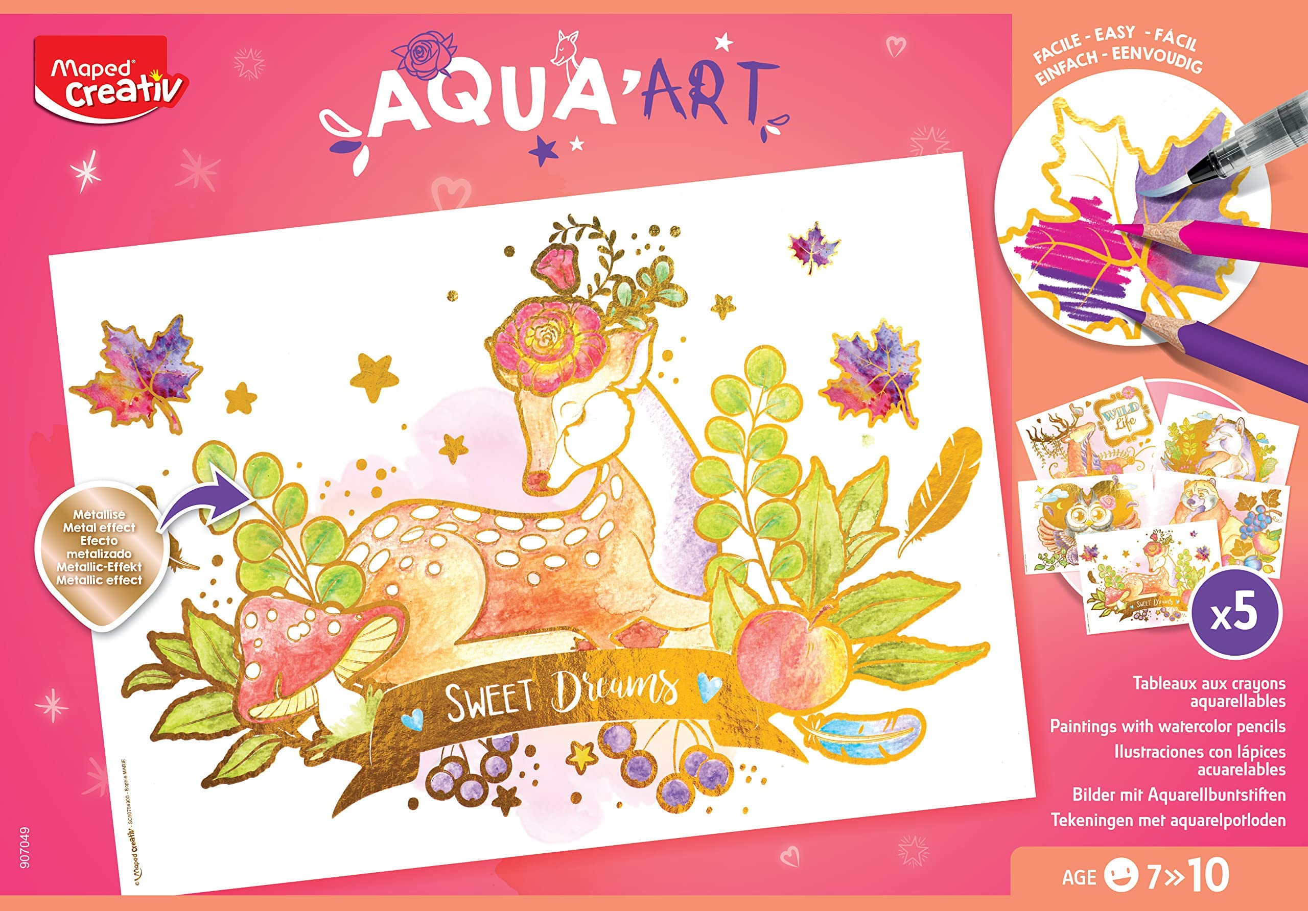 Lápices Acuarelables - Maxi Set Aqua Art - Juego de Dibujos para Colorear - Diseños Tamaño A4 con Efecto Metalizado - Incluye 18 Lápices de Colores y un Pincel - 297 x 210 mm - Maped