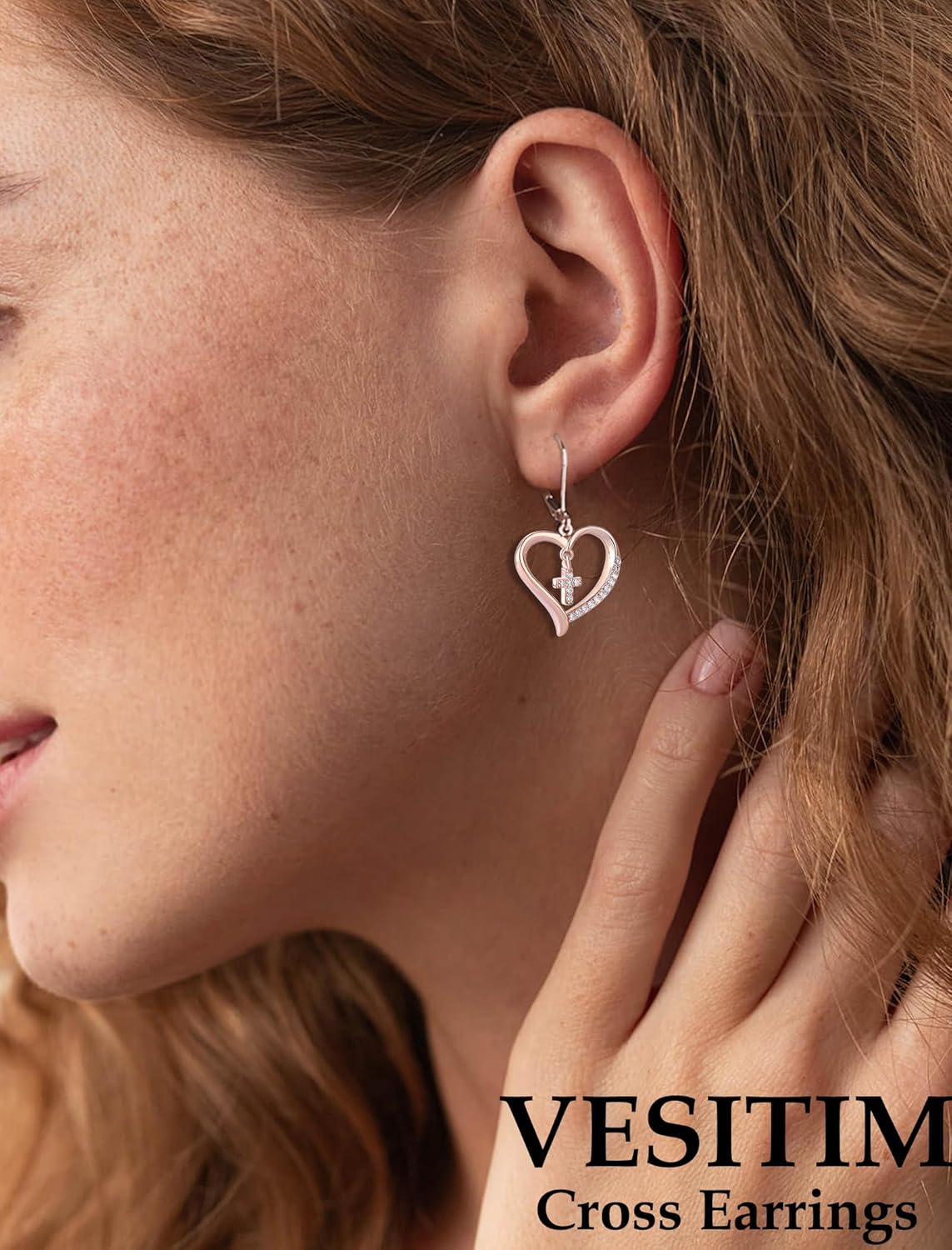 Sterling Silver Religious Earring for Women Heart Cross Drop Dangle Leverback Earrings Christian Birthstone Religious Jewelry with White Gold/Rose Gold/Gold Plated - Image 2