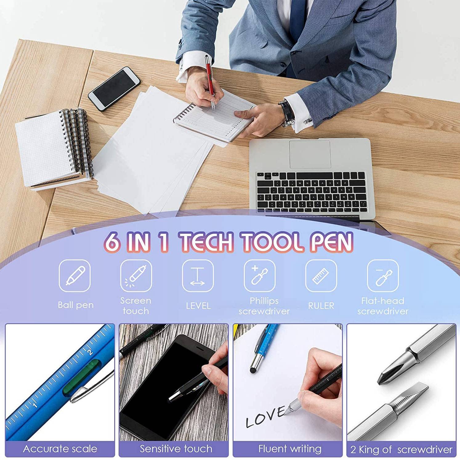Tyuooker 36 Pieces 6-in-1 Multitool Ballpoint Pens Gift Tool Pen Personalized Pen Pen Gift for Men on Fathers Day - Image 3