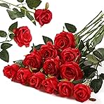 Hawesome 12PCS Artificial Silk Flowers Realistic Roses Bouquet Long Stem for Home Wedding Decoration Party A-Red -1