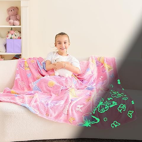 Wajade Glow in The Dark Butterfly Blanket for Girls, Soft Cozy Flannel Kids Throw Blanket for Boys and Girls, Cute Kids Blanket for Sofa Couch Bed, Christmas Birthday Gift 50