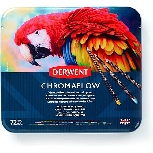 Derwent Chromaflow Colored Pencils Tin, Set of 72, Great for Holiday Gifts, 4mm Wide Core, Multicolor, Smooth Texture, Art Supplies for Drawing, Blending, Sketching, Professional Quality (2306014)