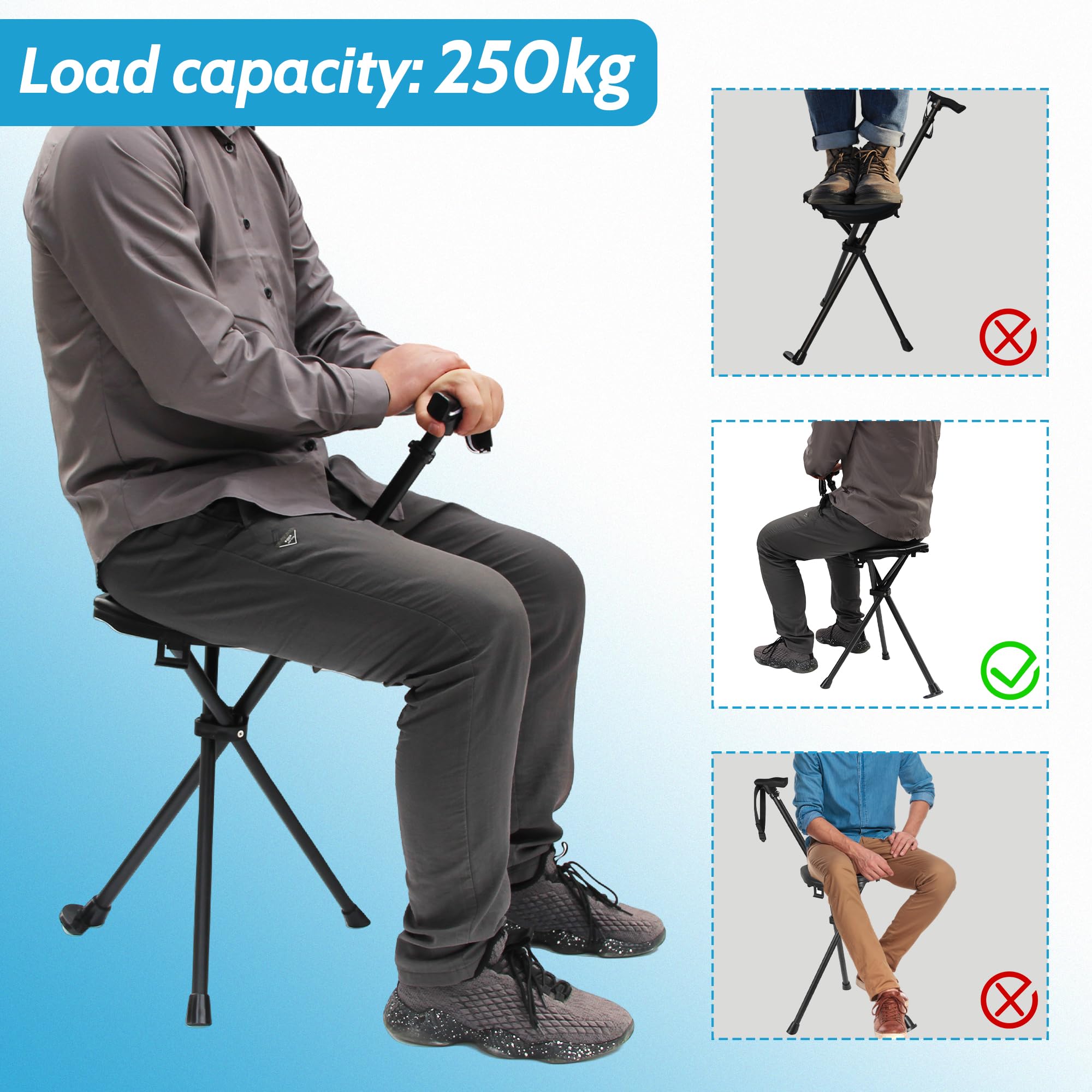 Bastone da passeggio pieghevole portatile 2 in 1 – Bastone da passeggio regolabile e sedile con cuscino non rimovibile, fino a 250 kg, leggero aiuto per la mobilità con base antiscivolo e