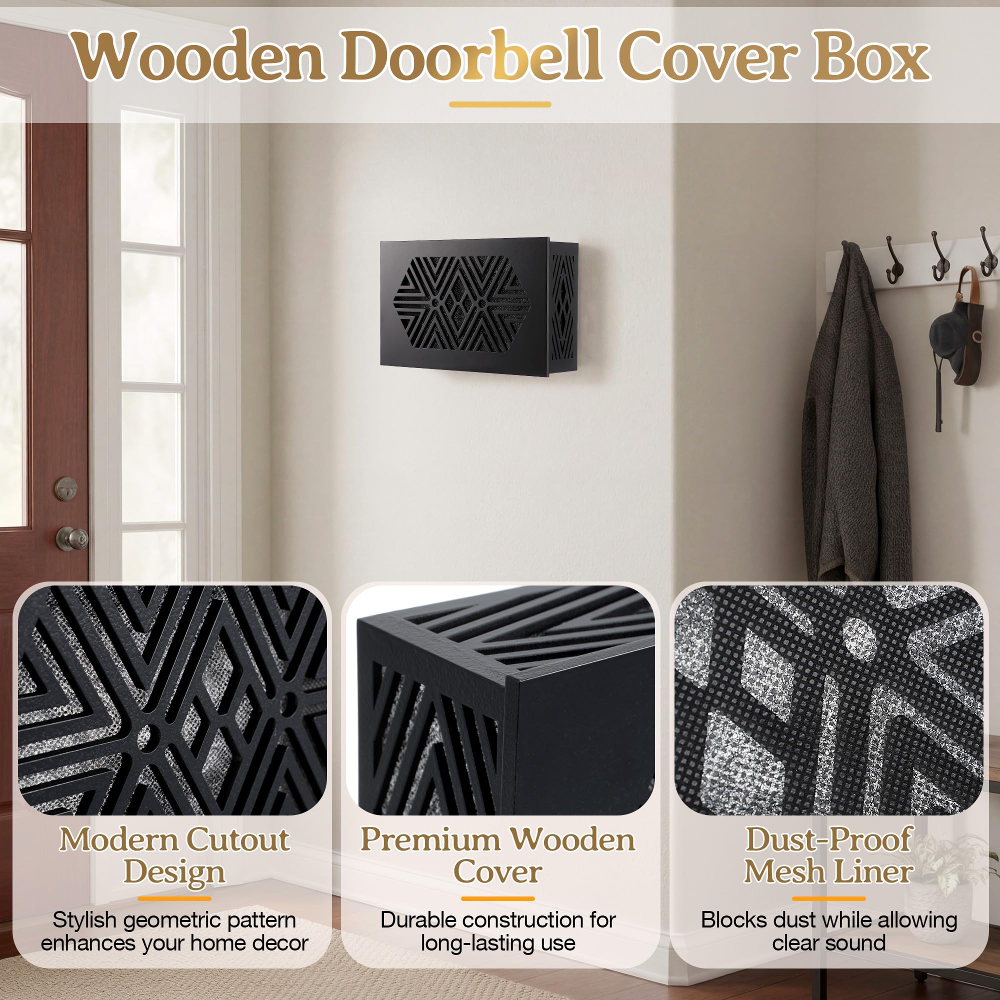 Timbre mecánico con cable, 16 V 10 VA con cubierta de madera, timbre de puerta delantera y trasera para pared interior del hogar con tornillos y cinta adhesiva, dos sonidos fuertes (negro)