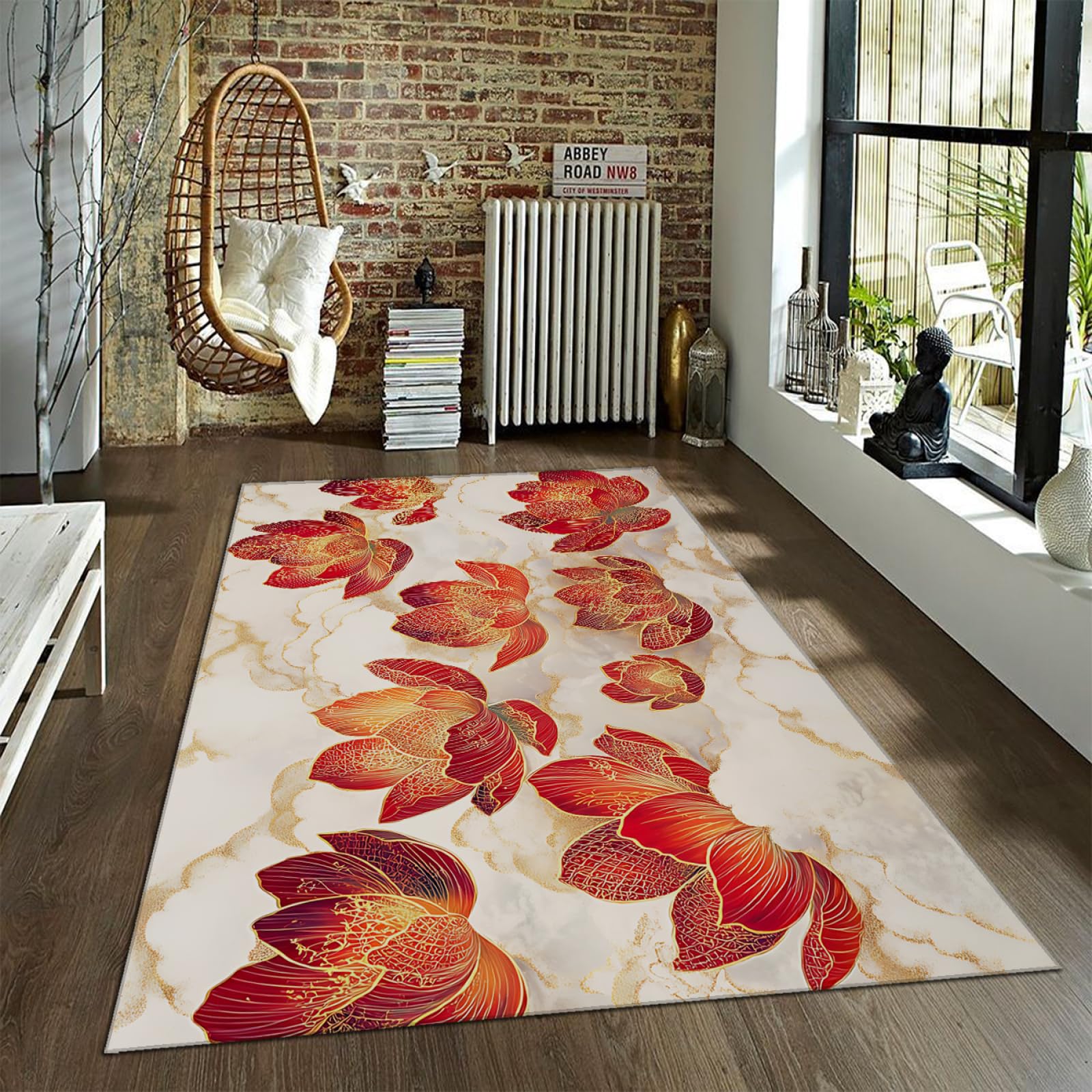 Orientalischer Retro-Teppich Maschinenwaschbarer Goldener roter Lotus und weißer Wolkenteppich für Küche Esszimmer Wohnzimmer niedriger Flor 100x150cm