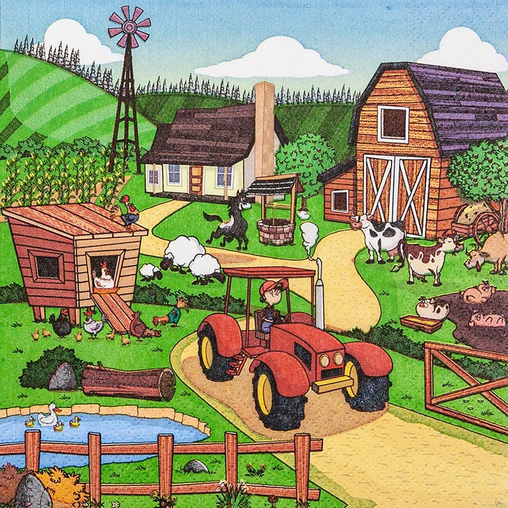 Lot de 20 Serviettes en papier - Animaux de la Ferme - 33 x 33 cm
