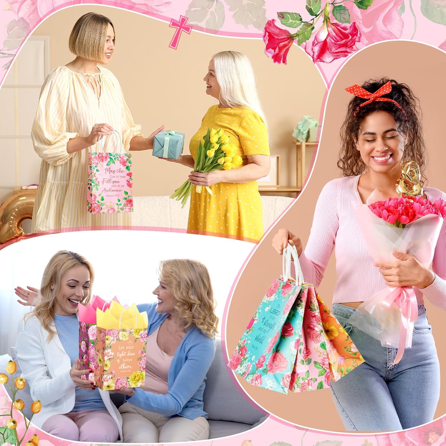 Kolldenn 100 Pcs Christian Gift Bags for Women Bulk Inspirational Gift Bags with Tissue Paper and Handles for Mom Grandma Wife Mother's Day Church Wedding Present Wrapping Supplies (Elegant Style)