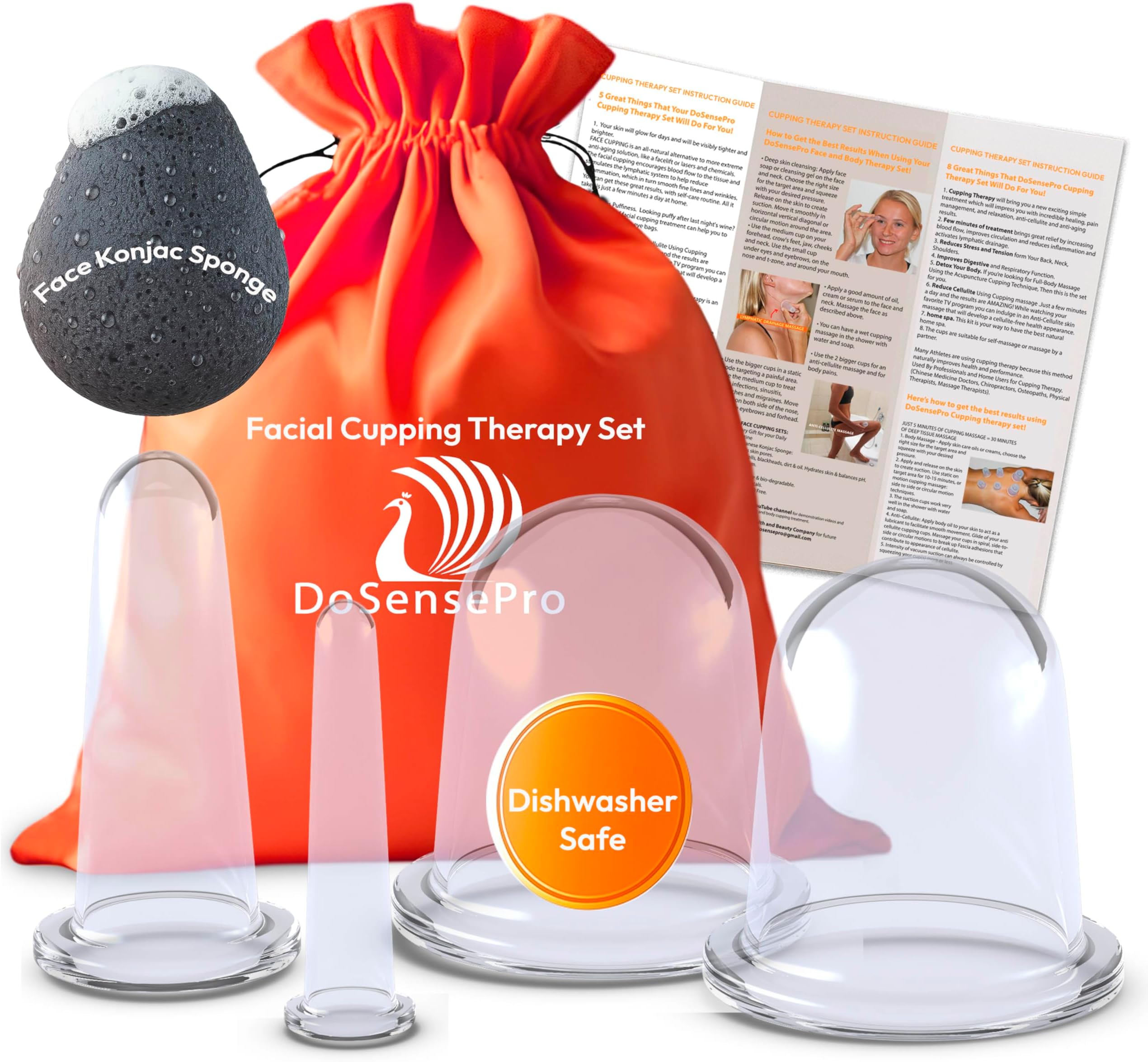 Facial Cupping Set for Face, Neck & Body — 4 Anti-Aging Silicone Cups + Konjac Sponge + Travel Bag +Gide, TMJ Relief, Lymphatic Drainage, Puffiness & Cellulite Massage — Medical-Grade
