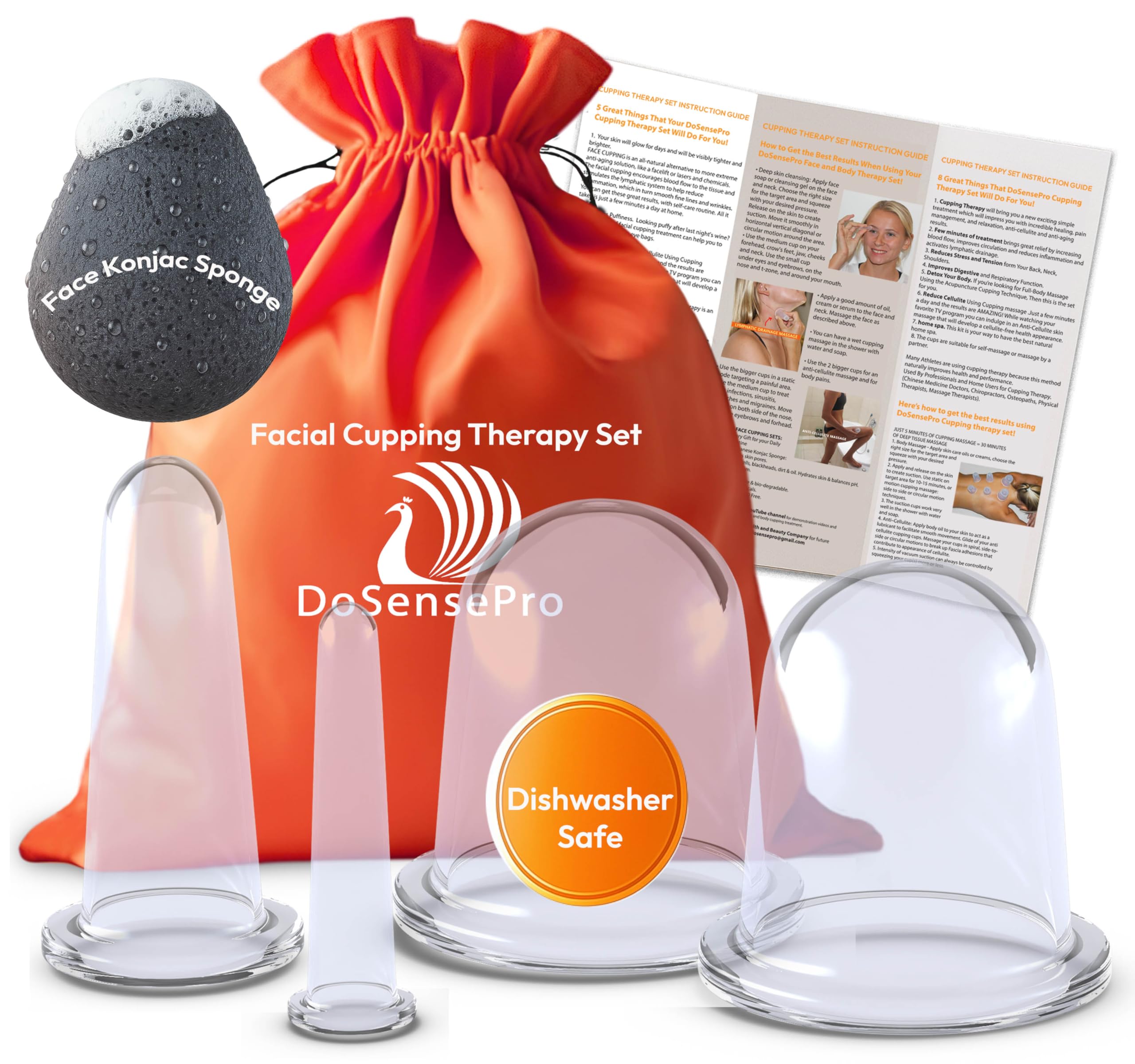 Facial Cupping Set – 4 Silicone Cups for Face, Neck & Body + Konjac Sponge & Guide – Lymphatic Drainage, Anti-Aging, Puffiness Reduction, TMJ Relief & Cellulite Massage – Medical-Grade Silicone