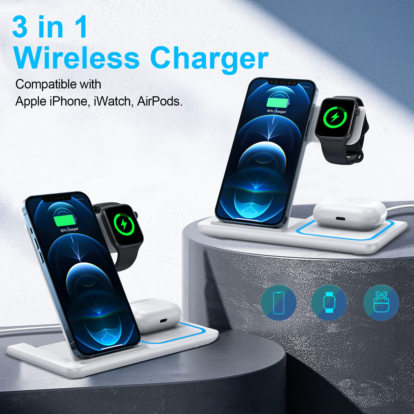 ZEBRE Chargeur à Induction 3 in 1 Chargeur sans Fil Compatible avec iphone 14 13 12 11 Pro Max/Plus/XR XS X Und iwatch Pliable Rapide Station De Recharge Charge Compatible avec Apple Watch/Airpods