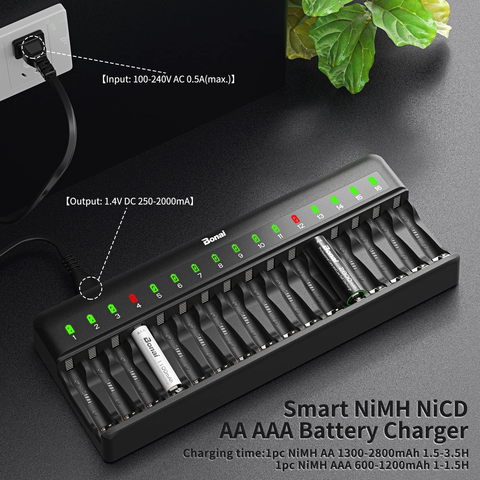 BONAI 16-Slot Akku Ladegerät für AA AAA Batterien, Intelligentes Ladegerät für NI-MH wiederaufladbare Akkus, Professionelle Ladestation für Batterien von Controllern, Spielzeugen, Smart-Home-Geräten