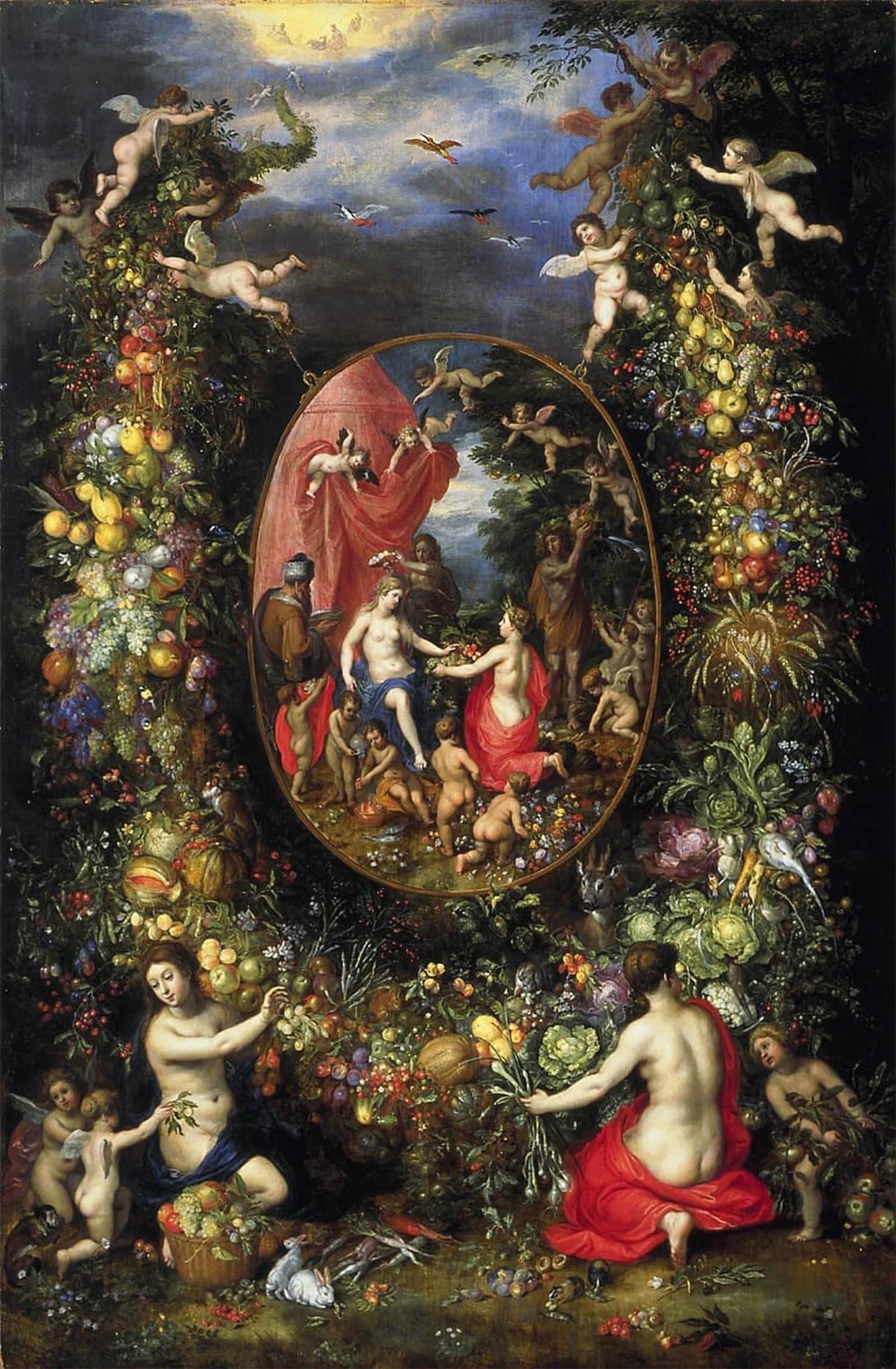 POSTERIIk Vintage Print Pop Art Landscape Artwork Wreath of Fruits and Flowers Around an Allegory on Agriculture by Jan the Elder Brueghel Art Prints for Office Home Decor 60x90cm