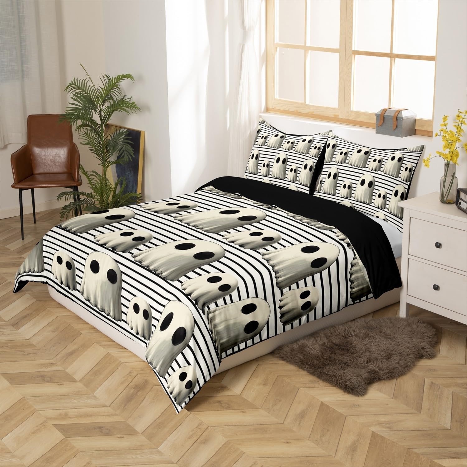 Cute Ghost Bedding Set Happy Halloween Bedding Duvet Cover Kids Teens Black White Stripes Comforter Cover Soft Bedspread Cover Bedroom Quilt Cover 2Pcs Toddler,No Comforter