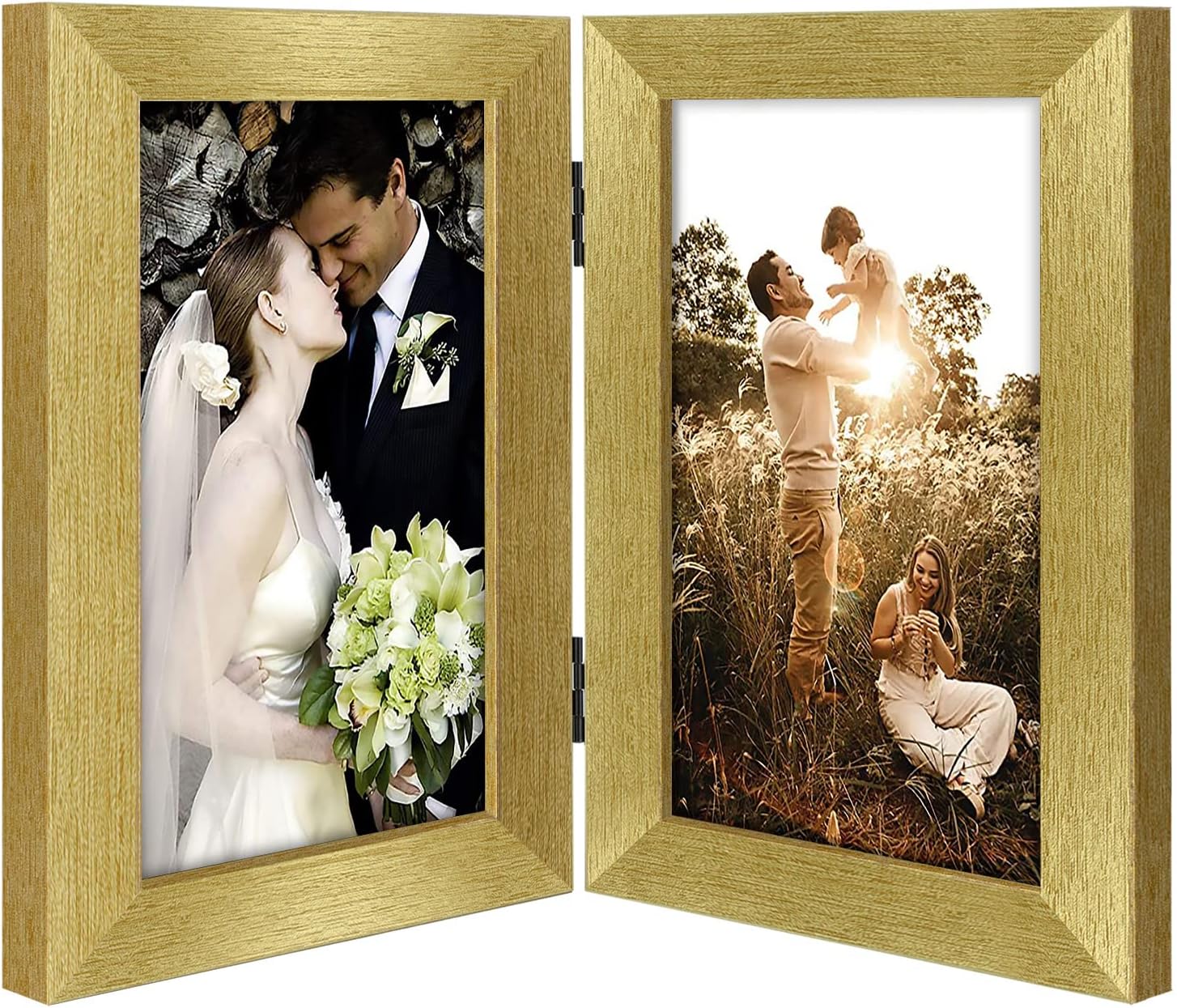 Golden state art 5x7 double picture frame vertical hinged photo frame 2 opening folding family frames collage with real glass 5x7 silver
