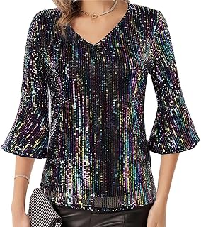 GRACE KARIN Women Long Sleeve Sequin Tank T Shirt Crew Neck Sparkle Glitter Blouse Top with Waist Belt