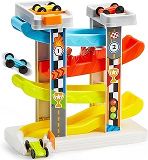 lalalark Toddler Toy for Babies Age 18M+, 4-Layer Car Ramp Race Track with 4 Cars, Multiple Parking Spaces and Button Trigger Start, Birthday Gift for Kids