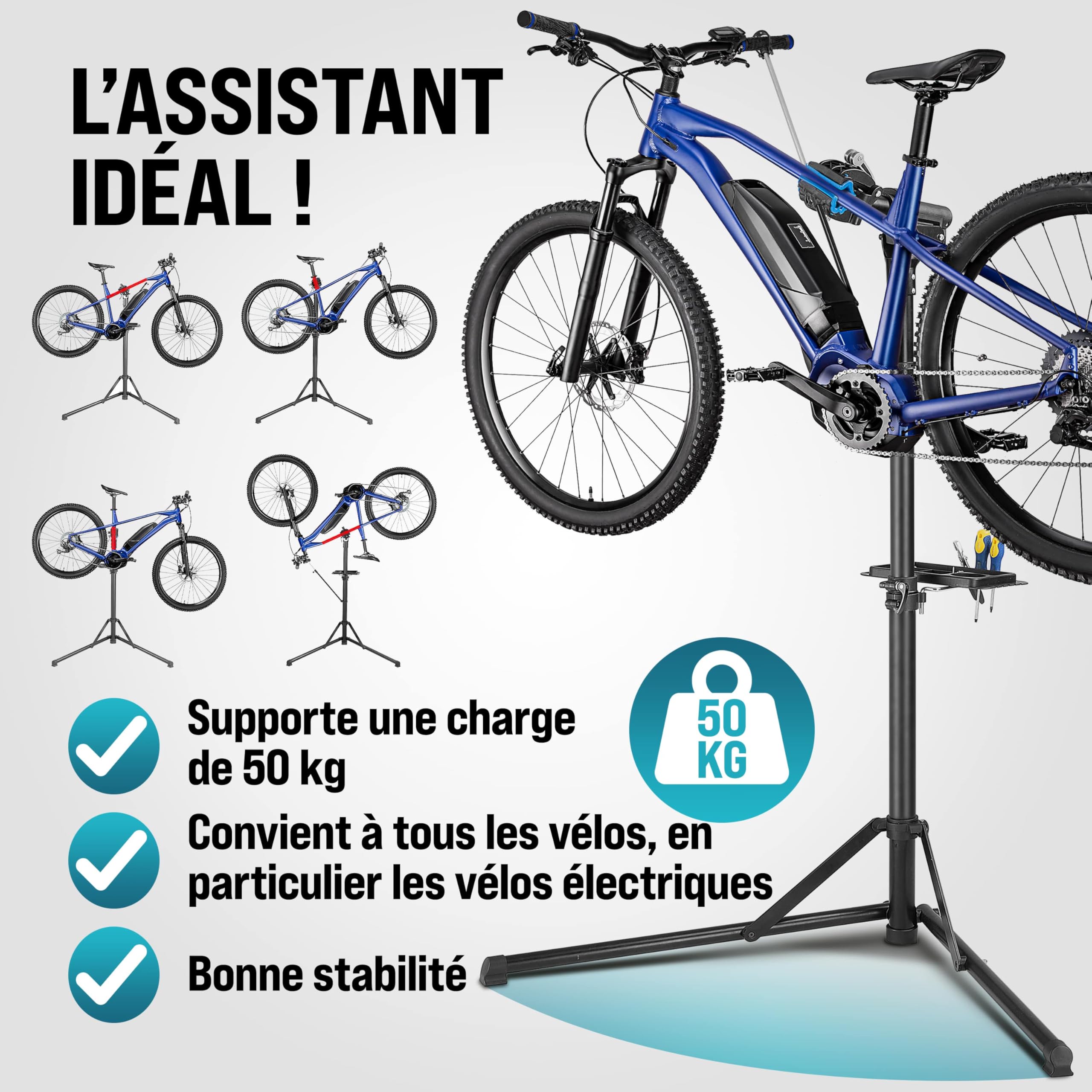 MONZANA® Pied d'atelier vélo Pliable 30/50kg clé dynamométrique 1/4' 1-25 Nm 18 pcs boîte Sac de Rangement Pied de réparation vélo électrique Support VTT
