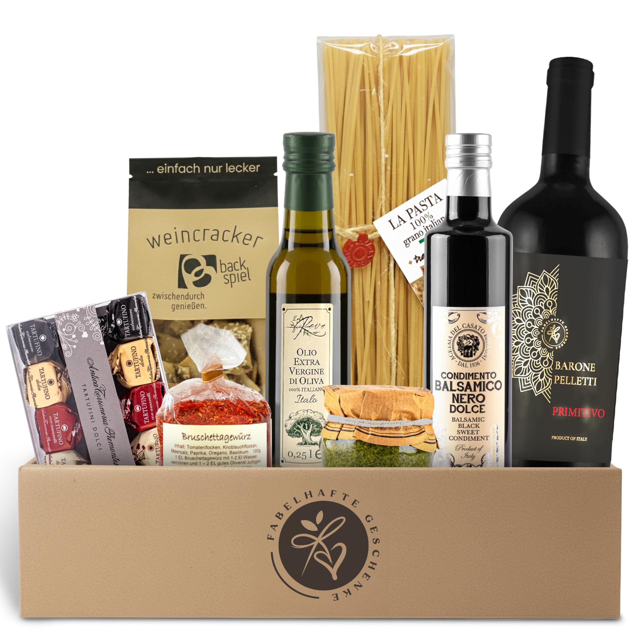 Geschenkkorb Bella Italia mit Rotwein, Olivenöl, Aceto Balsamico, Pasta, Pesto, Tartufini - Wein Geschenk für Männer & Frauen