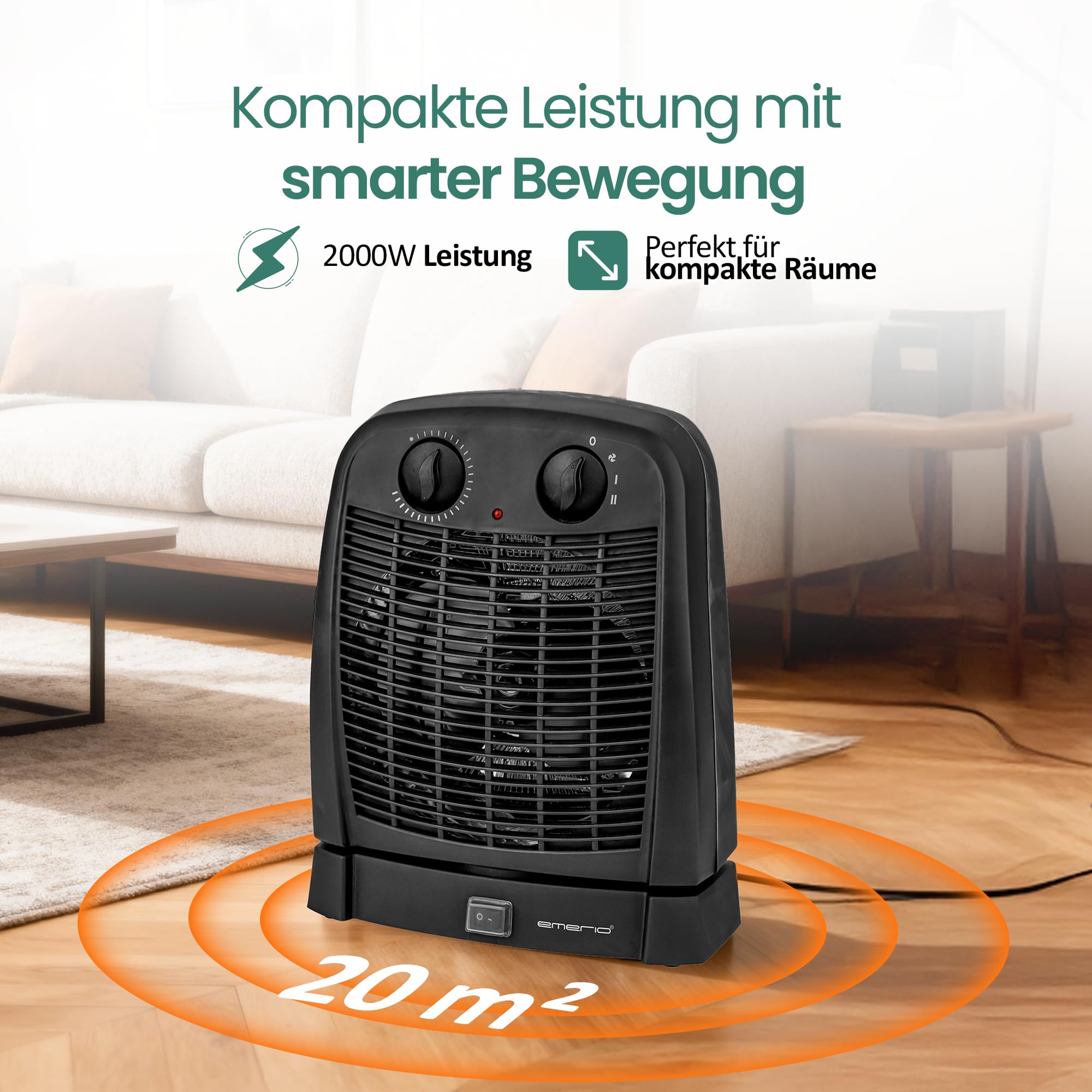 EMERIO Calentador de ventilador | para habitaciones de hasta 20 m² | 2000 W | IP21 | 2 niveles de calor | termostato ajustable | oscilante | función de ventilador | protección antivuelco | FH-111910.2