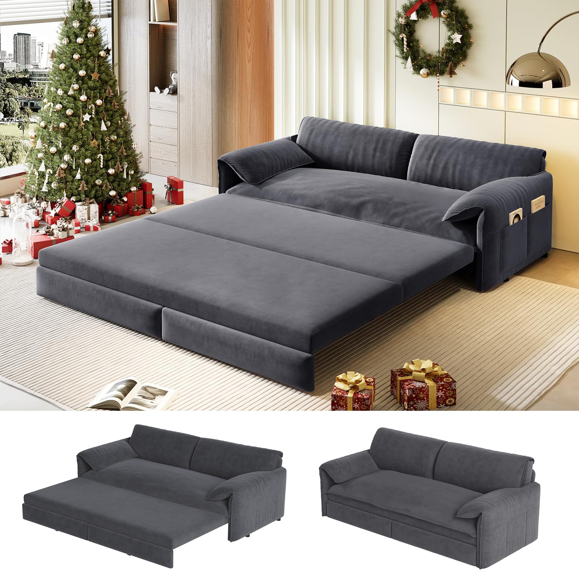UPYOOE 66 inch Velvet Queen Sleeper Sofa in Grey