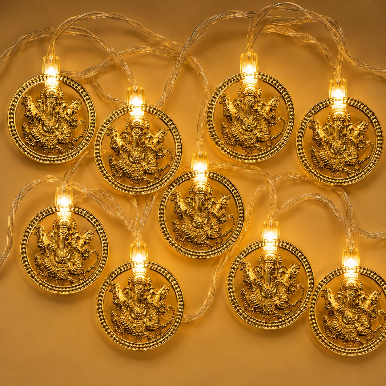 MoonlitDreams Ganesh LED String Lights, 10 Golden Metallic Decorative Lights, 3 Meter Plug-in Lights for Diwali Decoration, Ganpati, Mandir, Pooja Room & Home Decor (Pack of 1)