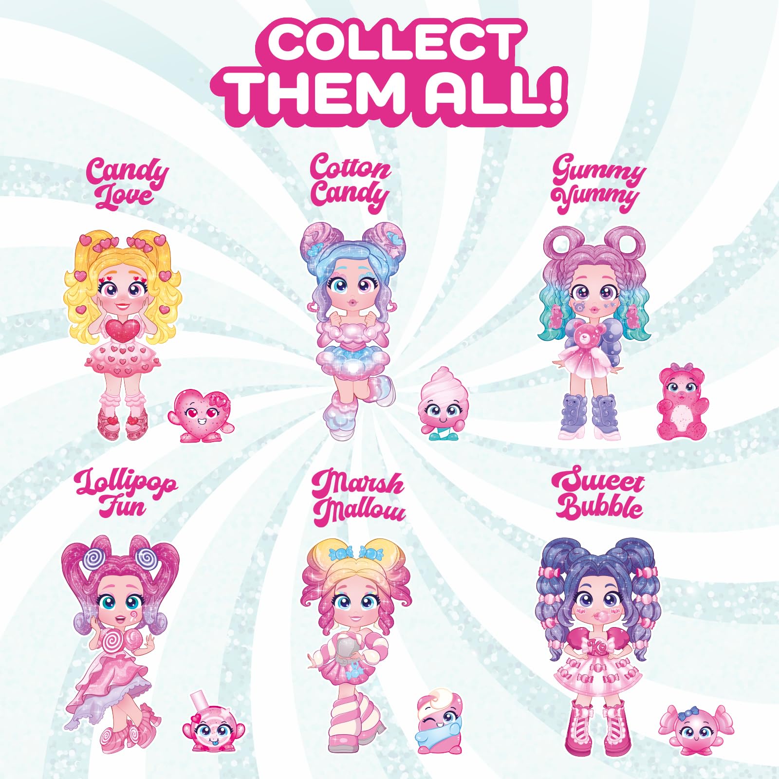 KOOKYLOOS Candy Land Series SWEET BUBBLE – laleczka do kolekcjonowania z serii Candy Land, zawartość: 1 lalka, zestaw ubrań i butów, akcesorium oraz zwierzątko,1 lalka ma 3 różne buzie!