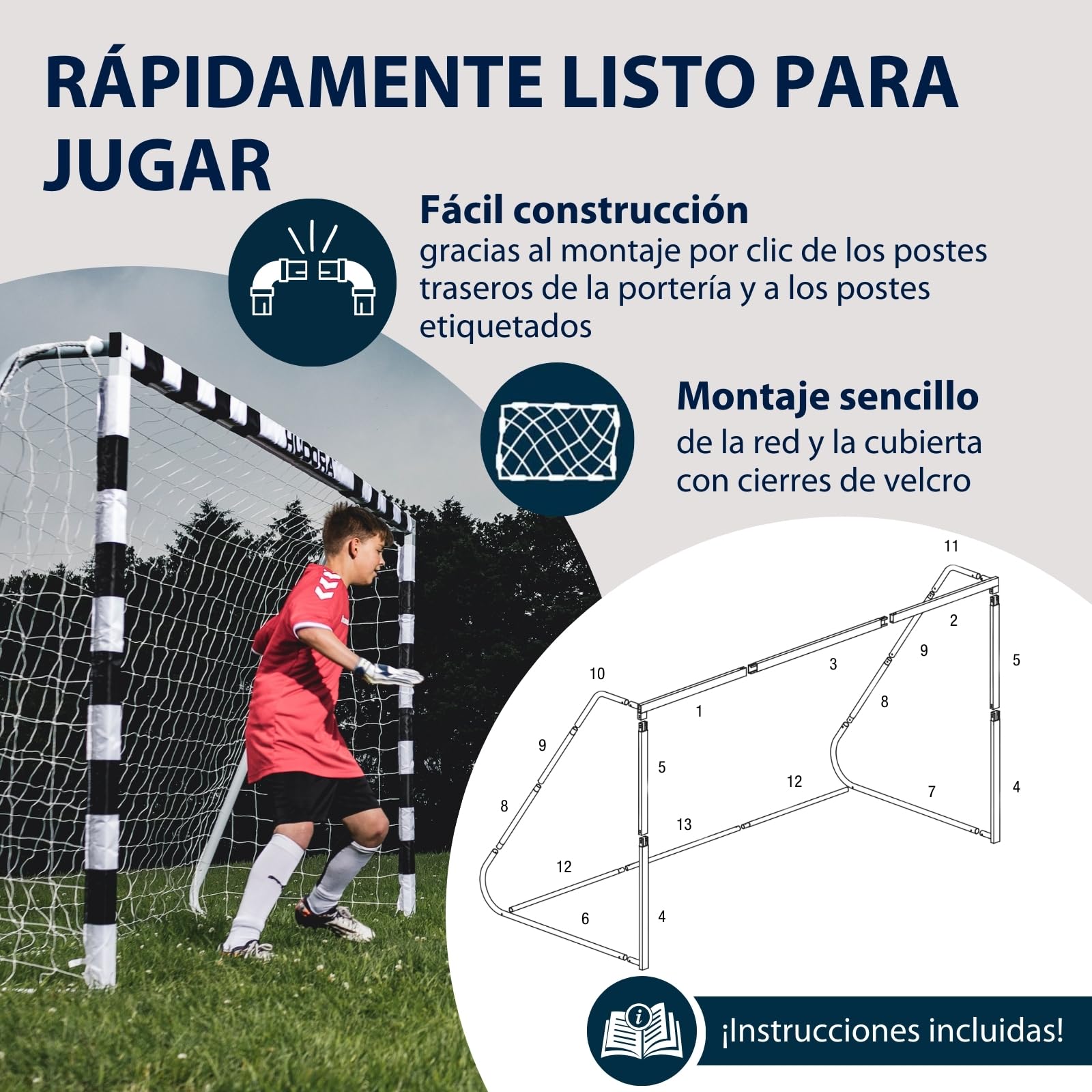 HUDORA Portería de fútbol Stadion - Portería de fútbol para niños y Adultos Resistente con Red de Malla Fina hogar - Tablero de GOL para Actividades recreativas y Entrenamiento al Aire Libre