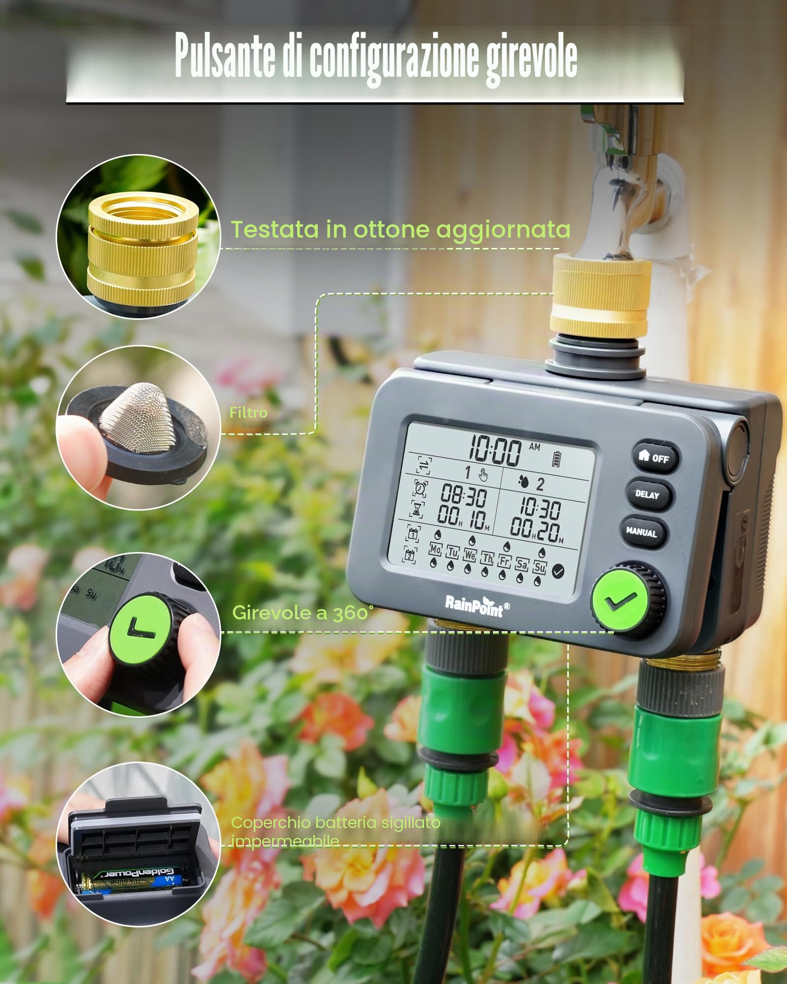 RAINPOINT Centralina Irrigazione 2 uscite con ingresso e uscita in ottone, Timer Irrigazione con ritardo della pioggia/modalità automatica e manuale, IP54/grande LCD, Computer di irrigazione giardino