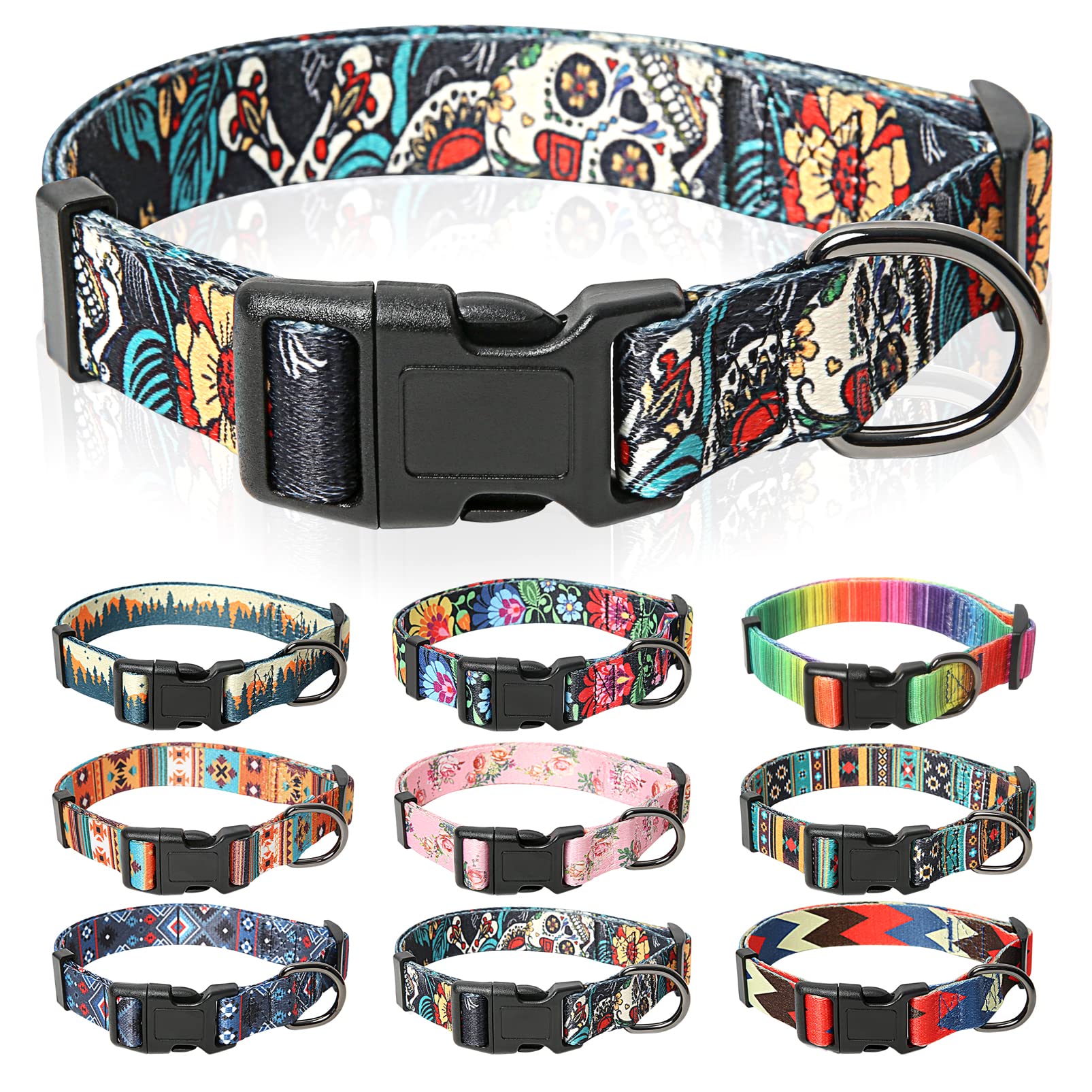HEELE Collar Perro, Collar para Perros con Hebilla de Liberación Rápida, Cómodos, Ajustable, Lindos Patrones, Floral Collar para Perro Pequeño Mediano Grande, Negro, XS