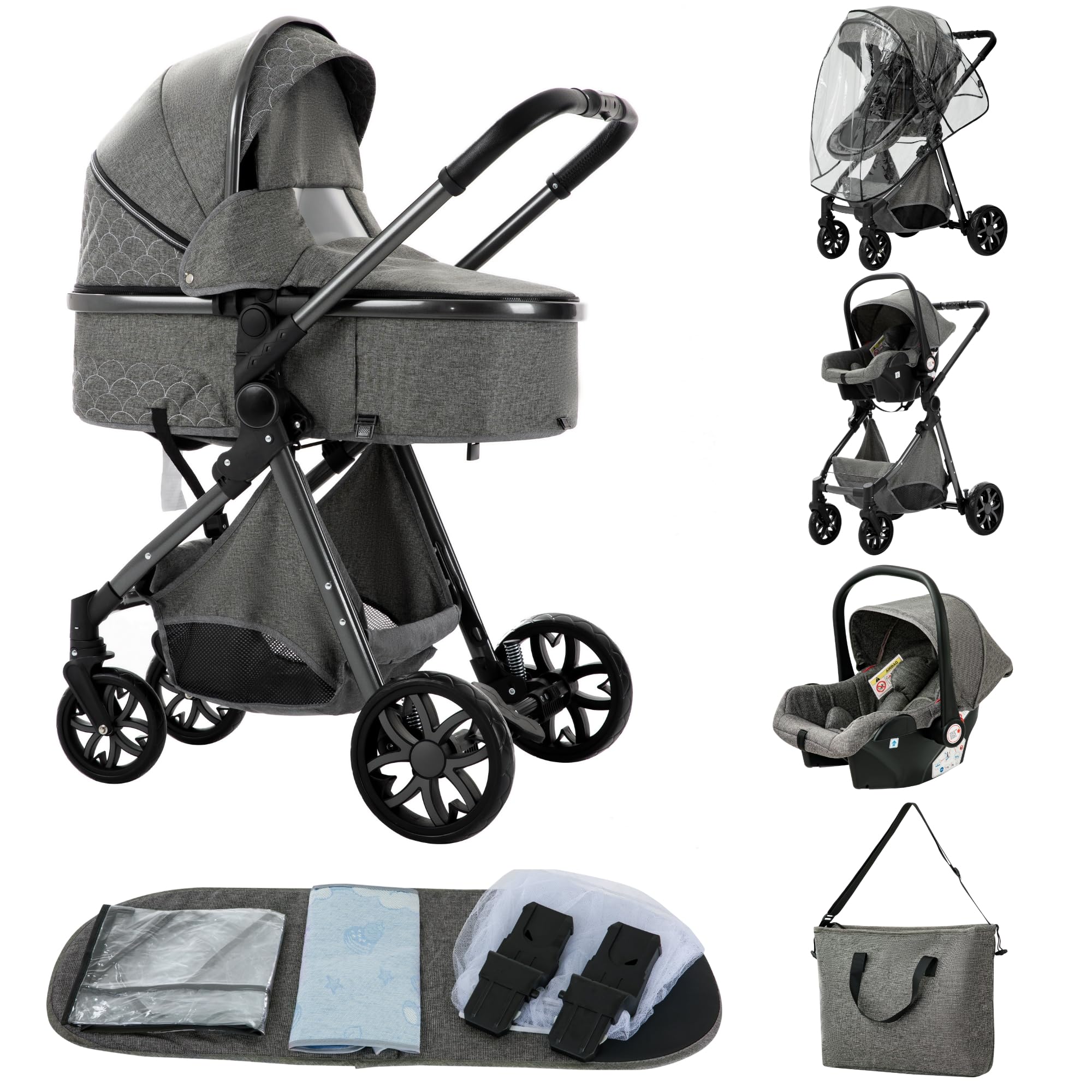 ALYIKOU kinderwagen 3 in 1 komplettset bis 25 kg，Kombikinderwagen reisesysteme，Zusammenklappen, Liegeposition, schwarz