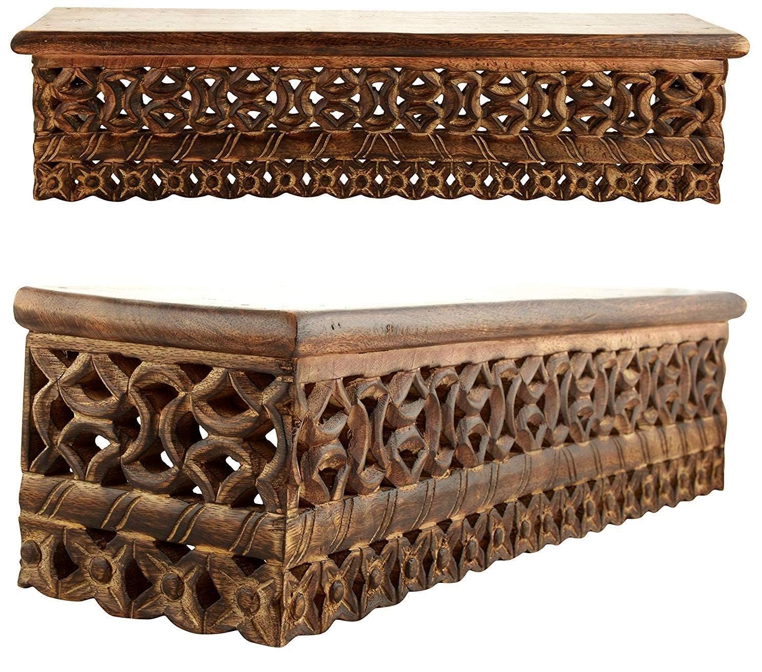 Hand Carved Decorative Brown Wooden Wall Shelf/Wall Bracket/Book Rack for Living Room |Pre-Assemble | Walnut - (Jali Design)-image-3