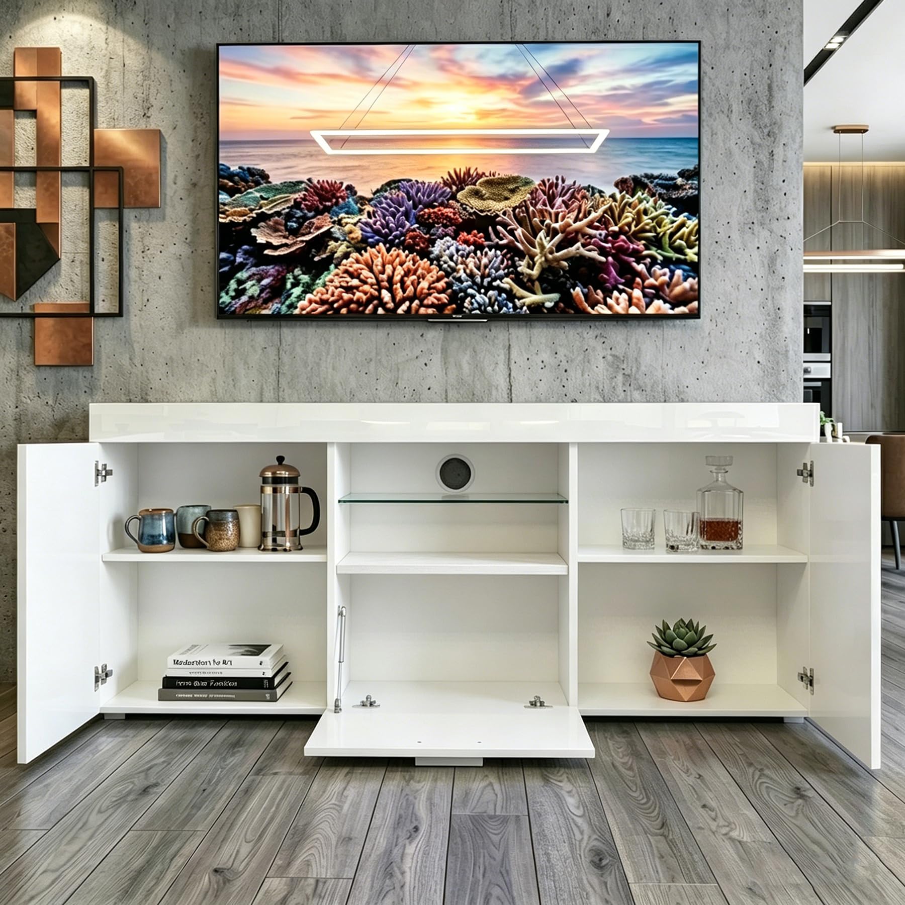 Dripex TV Schrank Lowboard mit LED Beleuchtung Weiß Hochglanz Fernsehtisch TV Board mit großem Stauraum 135x70x35 cm