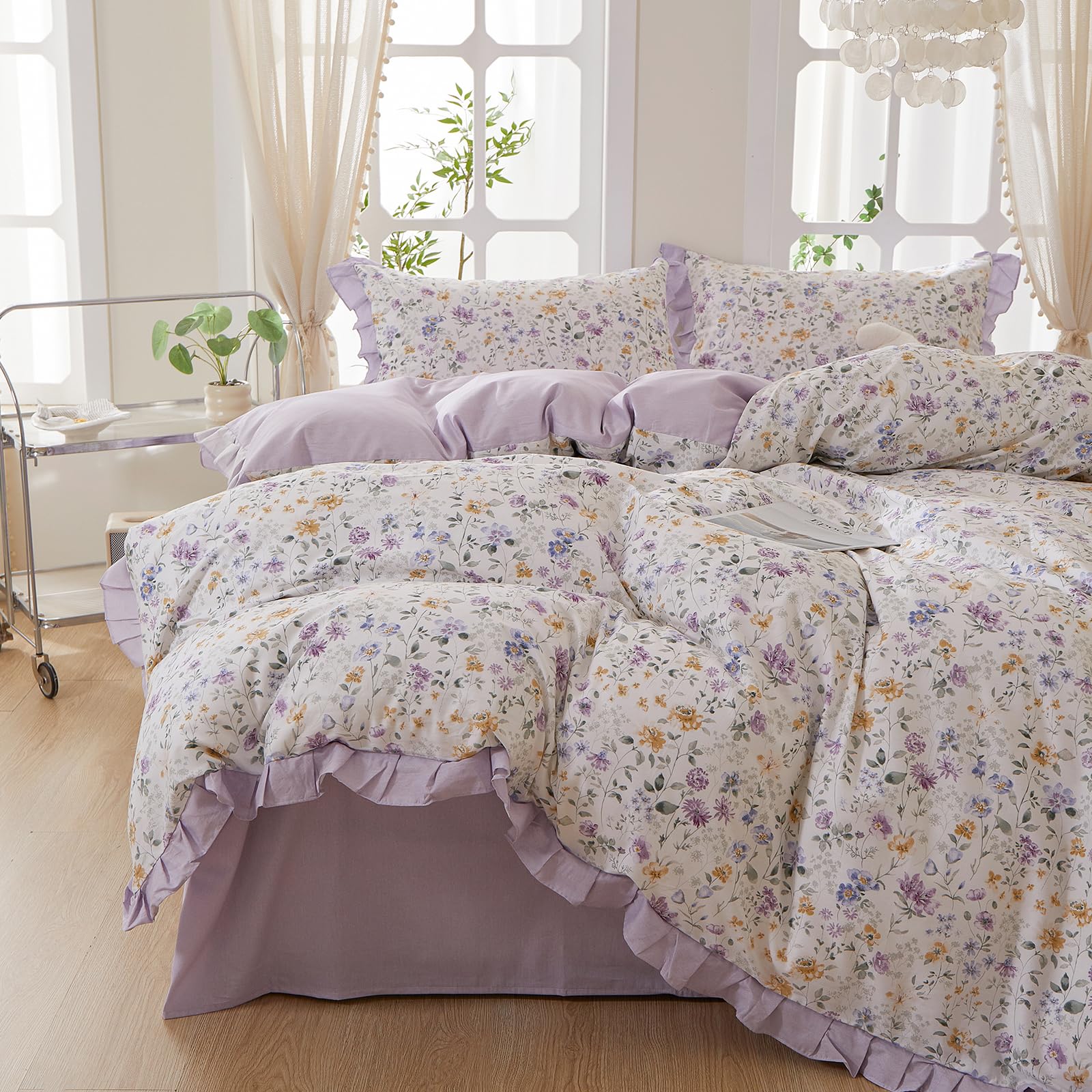 mixinni Floral Duvet Cover Set Full Size, 100% Cotton 3-Piece Bedding Set with Ruffled Lace, Reversible Lavender Wildflower Ruffle Design, Soft Aesthetic Cottagecore Duvet Cover with Zipper Closure — image 1