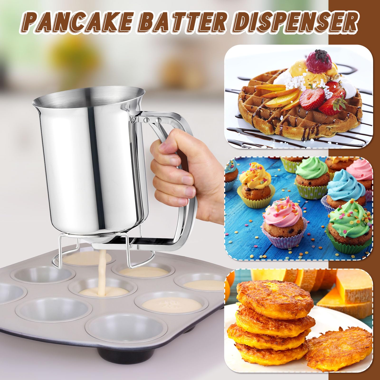 2 dispensadores de masa de panqueques de acero inoxidable de 27.1 fl oz, dispensador de mezcla de panqueques de mano de 27 onzas con asa embudo de masa para hacer velas, magdalenas 3