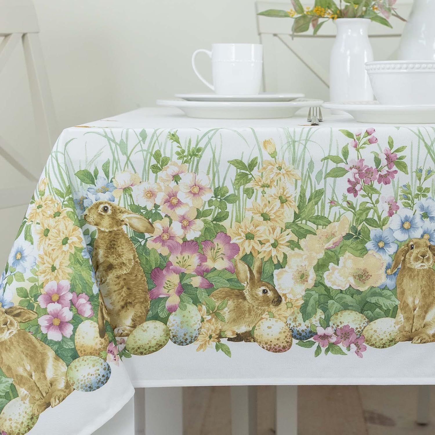 Benson Mills Blooming Bunnies Heavyweight Fabric Easter Tablecloth, Spillproof