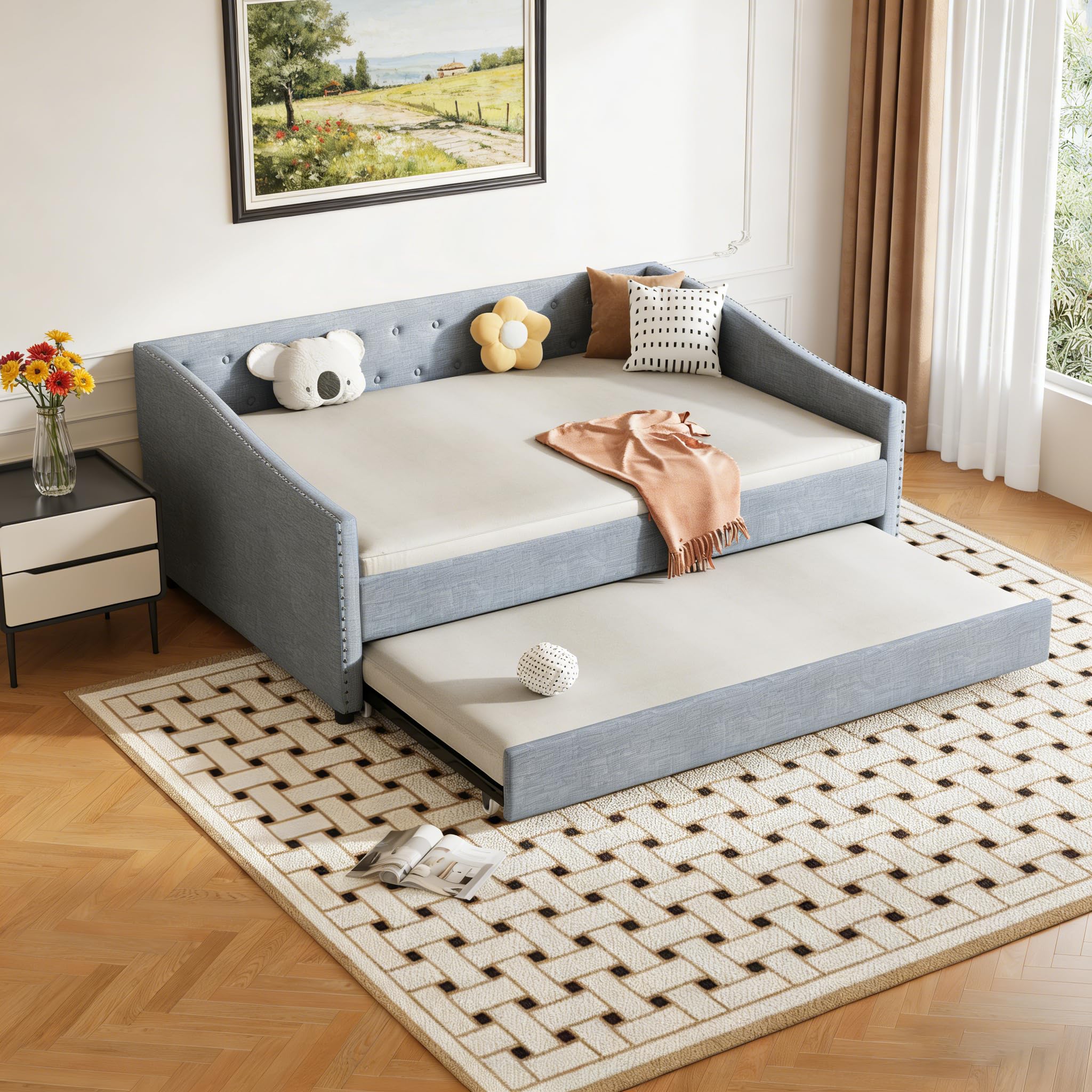 Photo 1 of ***Partial Set*** ***Only Box 1 Of 2*** FAVSH Upholstered Daybed with Trundle, Full Size Day Bed w/Button-Tufted Back and Piping on Waved-Shape Arms for Bedroom or Guest Room, No Box Spring Required, Light Gray