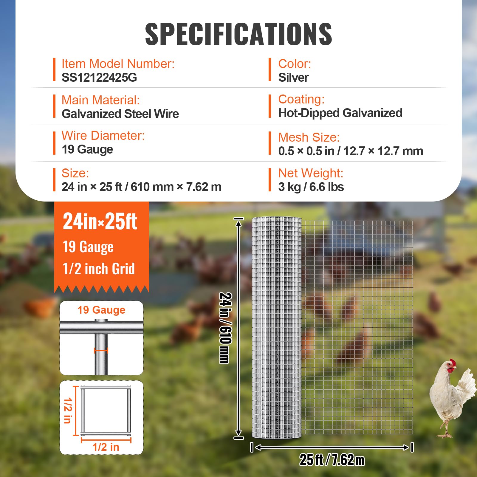 VEVOR Malla de Alambre Soldada 610 mm x 7,62 m Rollo de Malla de Alambre Galvanizado en Caliente 12,7x12,7 mm Valla de Alambre de Gallinero Calibre 19 para Jaulas de Conejos, Jardín, Roedores Pequeños