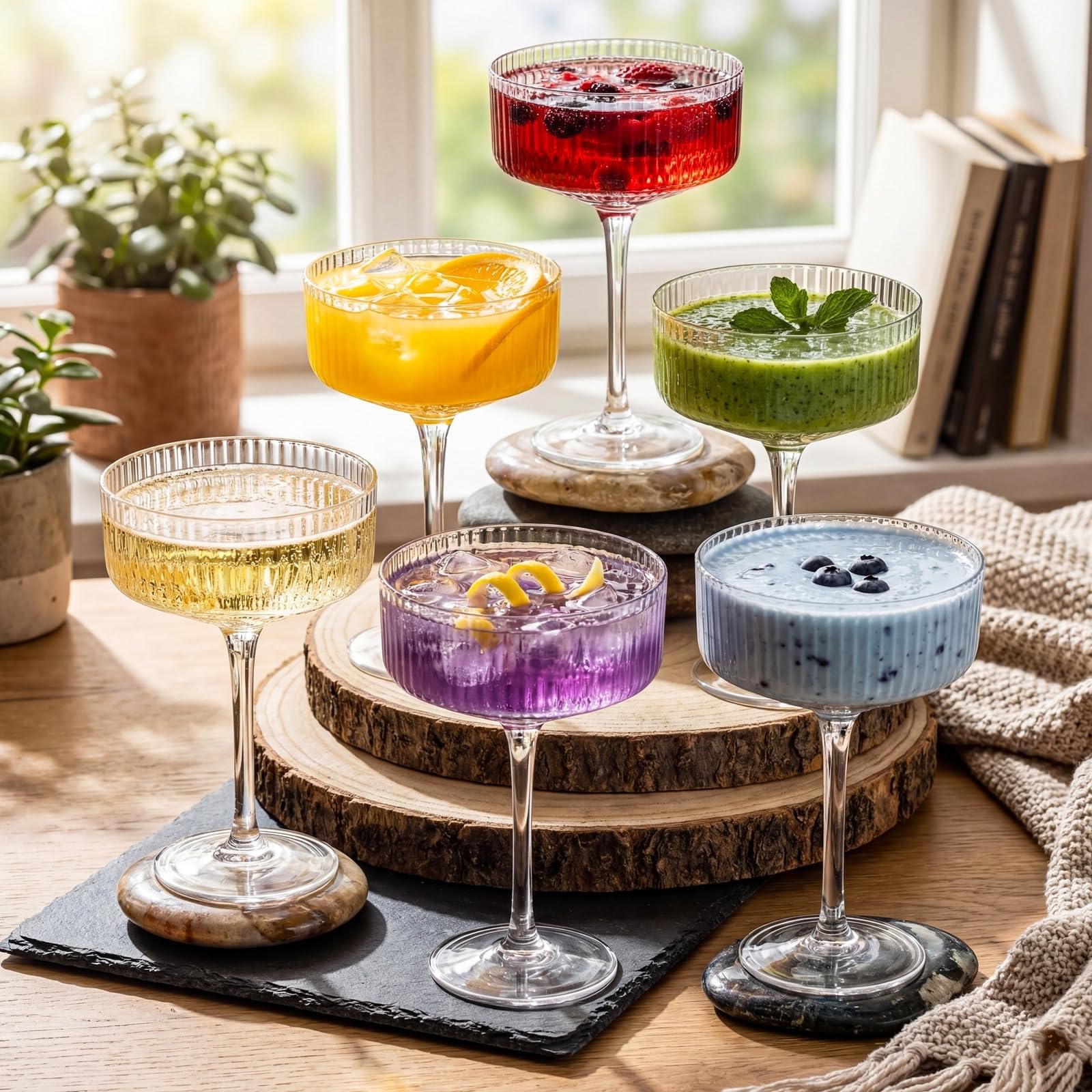 Juego de 6 copas cupé acanaladas Champagne Tower de 8 oz, copas de Martini clásicas transparentes for bodas, fiestas de cumpleaños y bares Vaso para bebidas
