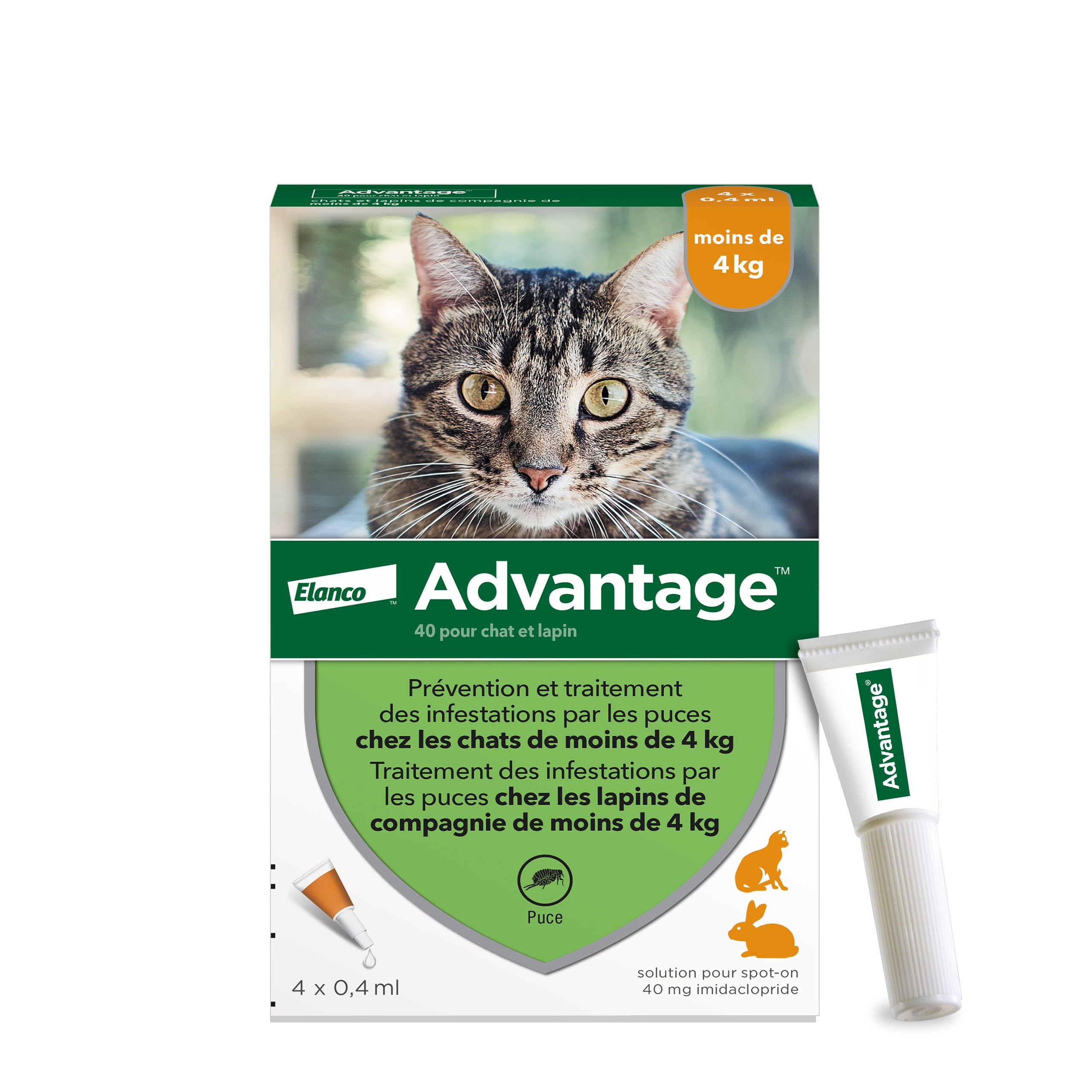 Advantage Chat & Lapin de moins de 4 kg – Pipettes anti puces chat pour prévention des infestations – Traitement anti puces lapin pour une protection en continu pendant 3 à 4 semaines – 4 x 0,​4 ml