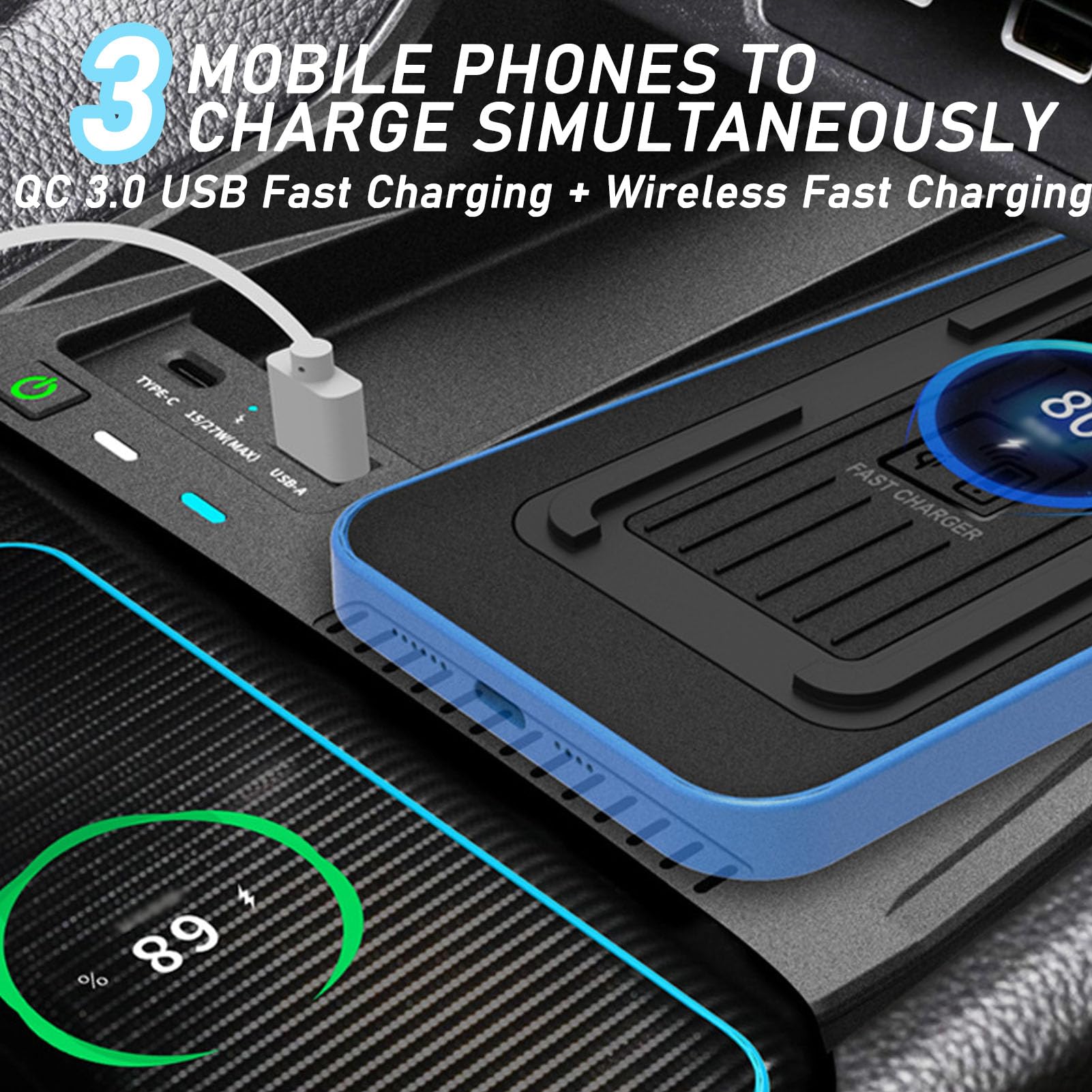 Caricabatterie Wireless per Auto per 11th Civic all Models Accessorio con 15w Wireless e 27w USB Qc3.0 Ricarica Rapida Regalo per la Famiglia