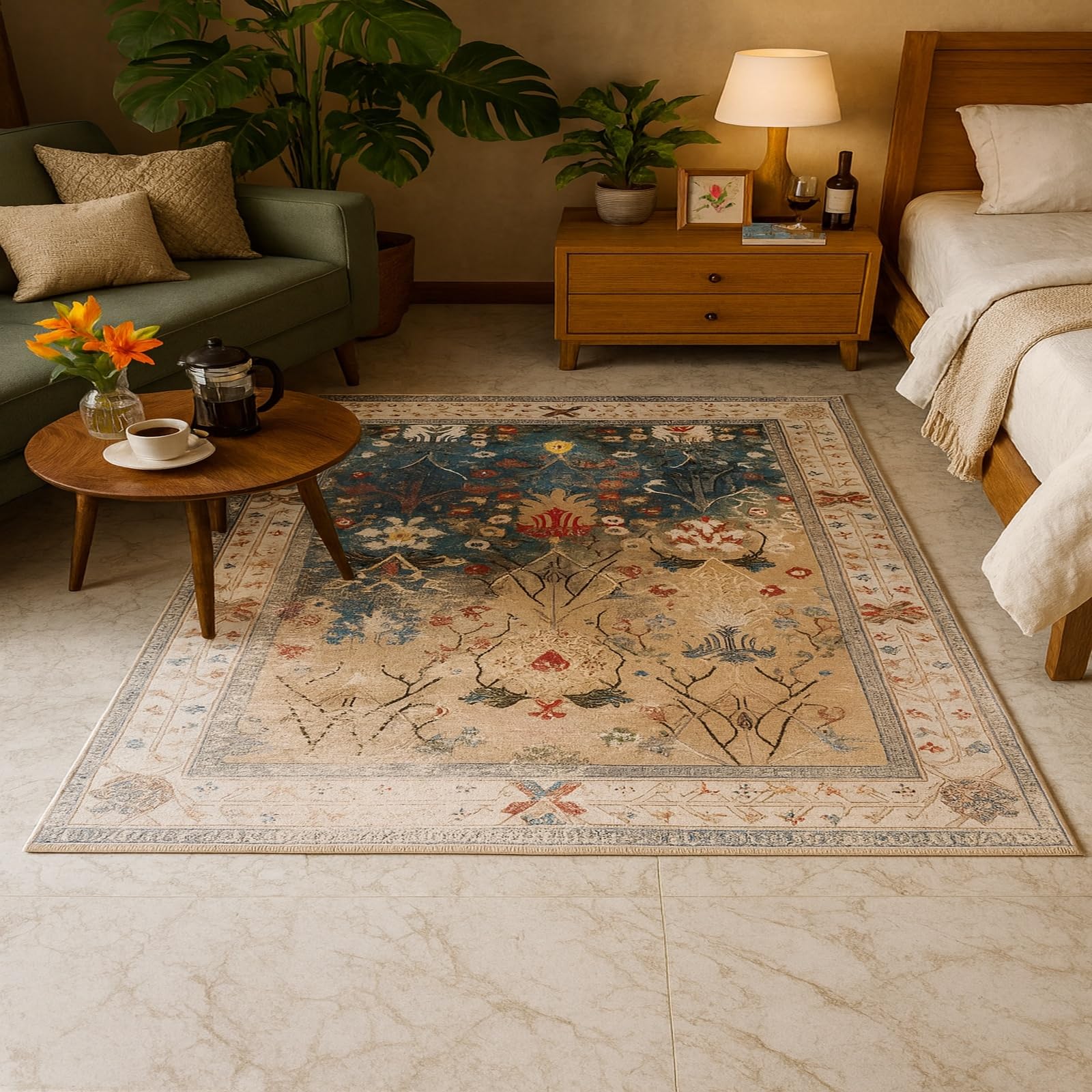Tapis de chambre bleu floral Rururug 170x240 doux lavable terrasse