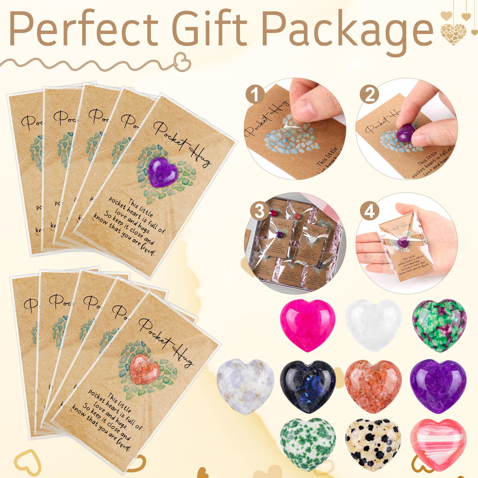 Nosiny 30 Sets Heart Stones Bulk Gift for Women Pocket Hug Token Gift Cards 0.8'' Natural Heart Crystals and Healing Stones with Card Mental Health Favor for Graduation Teacher Nurse Friend Coworker