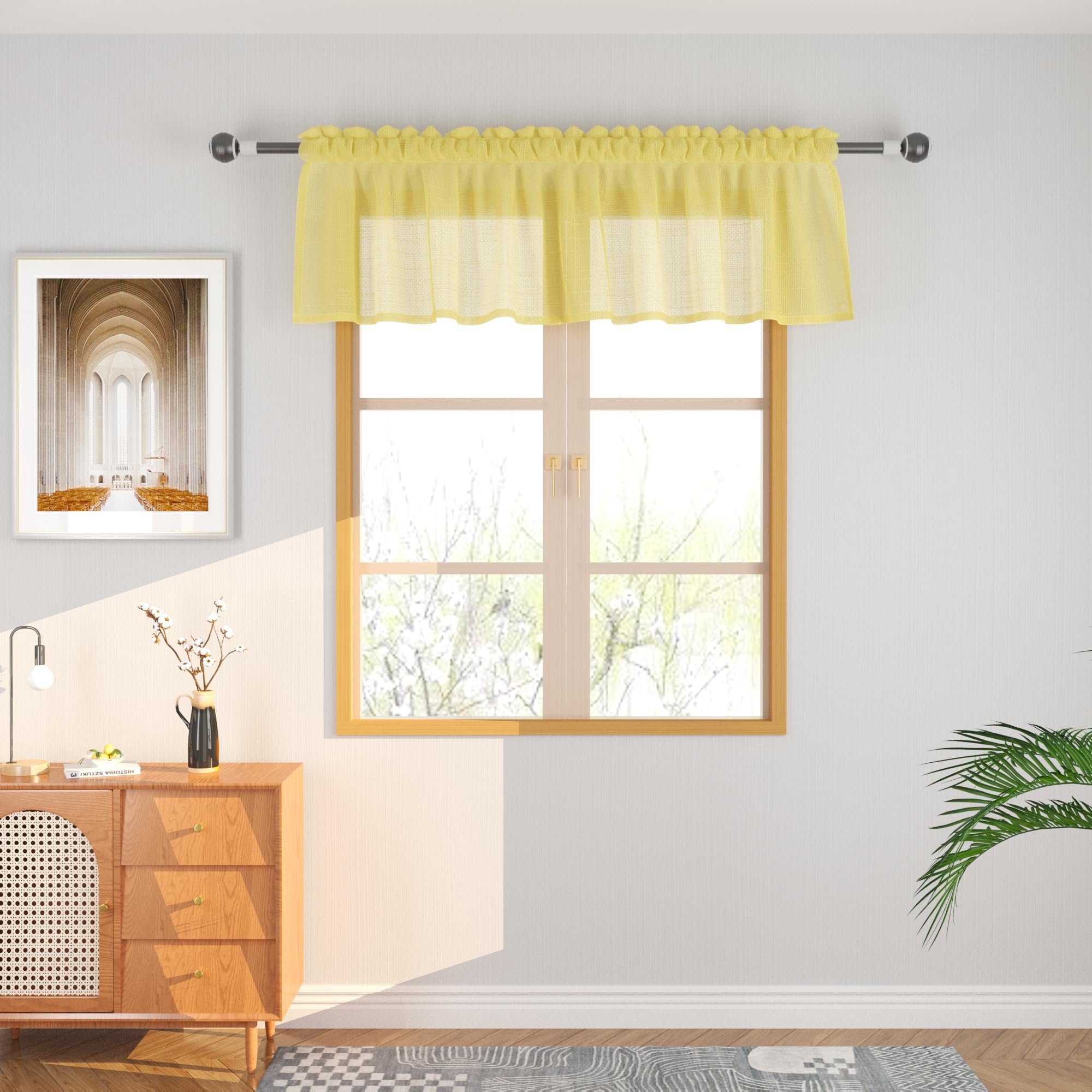Cantonnière jaune texture lin effet tissage ouvert rideau rétro UPOPO 40cm